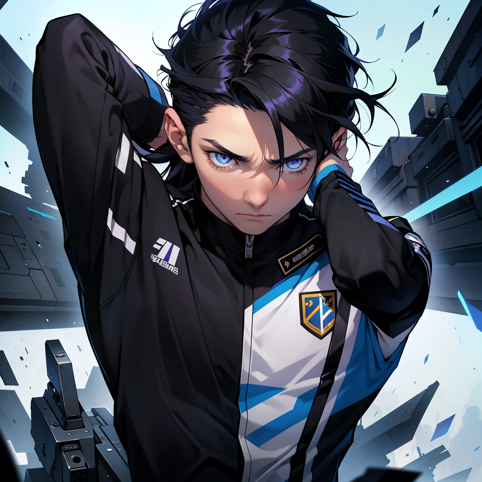 Cinematic Still of a 14-year-old boy with black and slightly long hair, his blue, expressionless eyes fixed ahead as he wears a black and purple striped uniform. Best quality (1.2), sharp focus.
(Best Quality, 4k, 8K, high resolution, Masterpiece: 1.2), a 14-year-old boy with black hair falling just above his shoulders, his azure, unreadable eyes focused intently, a black and purple striped uniform covering his slender frame.
A teenage boy with black hair brushing his shoulders, his blue, emotionless eyes piercing the camera as he dons a black and