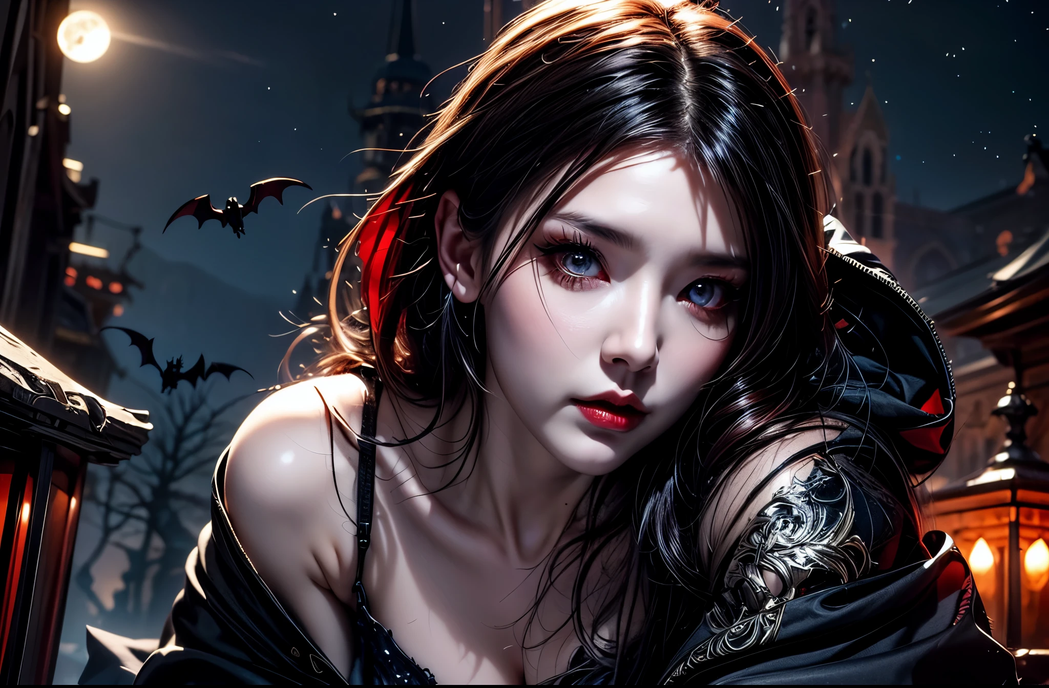 Photo of an exquisite beautiful vampire woman, standing under the starry night sky on the porch of her castle, Dynamic angle (ultra detailed, masterpiece, Best quality), ultra detailed face (ultra detailed, masterpiece, Best quality), Ultra feminine, gray skin, Cherry red hair, Wavy hair, Dynamic eye color, cold eyes, sparkling eyes, intense eyes, dark red lips, [fangs], In a white dress (ultra detailed, masterpiece, Best quality), Blue cloak (ultra detailed, masterpiece, Best quality), long cloak, flowing cloak (ultra detailed, masterpiece, Best quality), high heels boots, sky full of stars background, moon, the bats, flying around,, high detail, Best quality, 8K, [ultra detailed], masterpiece, Best quality, (ultra detailed), whole body, ultra wide shot, photorealism, dark fantasy art, dark fantasy art, gothic art, many stars, dark fantasy art, gothic art, a sense of dread,horrorporn film,8K,16 k,UHD,raw,Detailed details,super-realistic