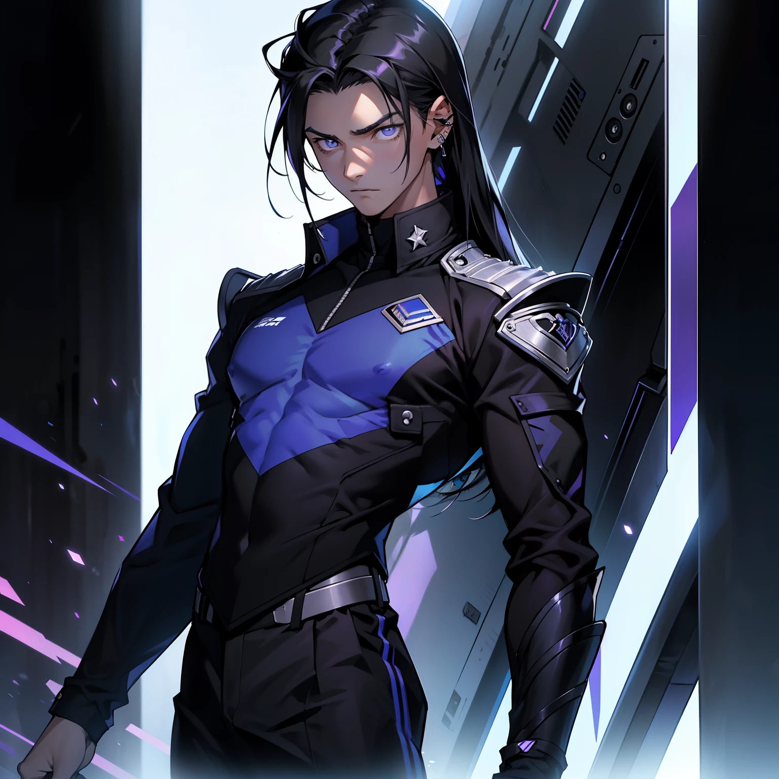 Cinematic Still of a 14-year-old boy with black and slightly long hair, his blue, expressionless eyes fixed ahead as he wears a black and purple striped uniform. Best quality (1.2), sharp focus.
(Best Quality, 4k, 8K, high resolution, Masterpiece: 1.2), a 14-year-old boy with black hair falling just above his shoulders, his azure, unreadable eyes focused intently, a black and purple striped uniform covering his slender frame.
A teenage boy with black hair brushing his shoulders, his blue, emotionless eyes piercing the camera as he dons a black and