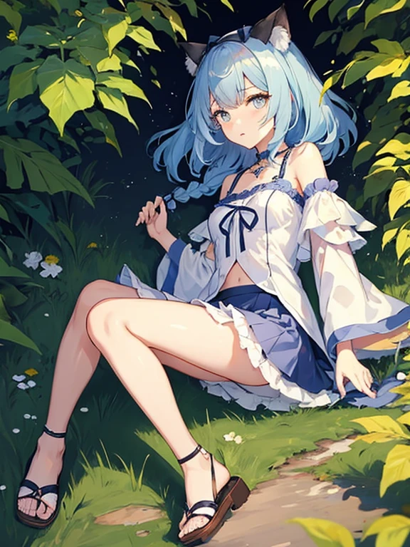 ((highest quality)), ((masterpiece)), (be familiar with), perfect face, one girl、15 years old、big breasts、small face、long hair、silky hair、Braid in one place、Pastel blue colored hair、off shoulder clothes、white colored clothes、Sheer clothes、short sleeve、Clothes without sleeves、ギンガムチェックのmini skirt、mini skirt、whole body、つま先から頭のてっぺんまでのwhole body、足先から頭までのwhole body、Small cat ears、crawl on all fours、No underwear、Zori sandals、