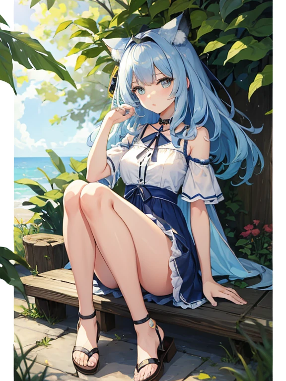 ((highest quality)), ((masterpiece)), (be familiar with), perfect face, one girl、15 years old、big breasts、small face、long hair、silky hair、Braid in one place、Pastel blue colored hair、off shoulder clothes、white colored clothes、Sheer clothes、short sleeve、Clothes without sleeves、ギンガムチェックのmini skirt、mini skirt、whole body、つま先から頭のてっぺんまでのwhole body、足先から頭までのwhole body、Small cat ears、crawl on all fours、No underwear、Zori sandals、