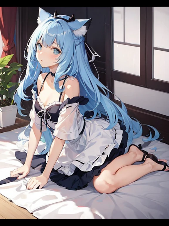 ((highest quality)), ((masterpiece)), (be familiar with), perfect face, one girl、15 years old、big breasts、small face、long hair、silky hair、Braid in one place、Pastel blue colored hair、off shoulder clothes、white colored clothes、Sheer clothes、short sleeve、Clothes without sleeves、ギンガムチェックのmini skirt、mini skirt、whole body、つま先から頭のてっぺんまでのwhole body、足先から頭までのwhole body、Small cat ears、crawl on all fours、No underwear、Zori sandals、