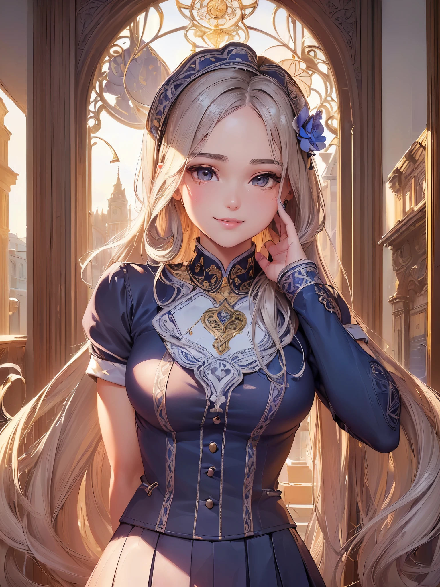 ((highest quality)),(ultra high resolution),(Super detailed),(detailed description),((best CG)),(best work of art),super precision art,great drawing art,(Art with precise details:1.5), (1 woman:1.8),high school girl:1.5,(beautiful and well-shaped face:1.5),cheerful smile:1.6,(Highly detailed school uniform:1.7), pool cleaning:1.5,