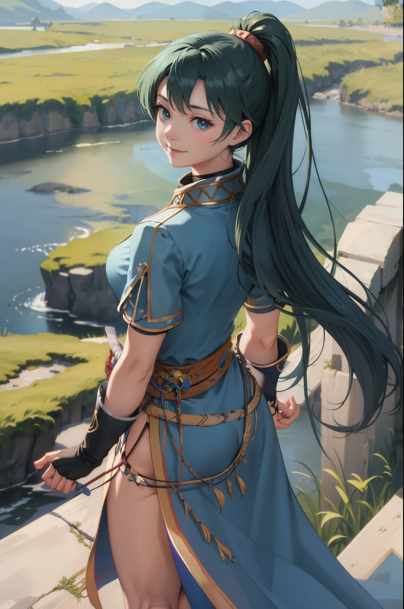 masterpiece, best quality, defaultLyn, blue dress, pelvic curtain, sash, fingerless gloves, standing, looking at viewer, stream, plains, mountains, (from behind), smile, serene expression  