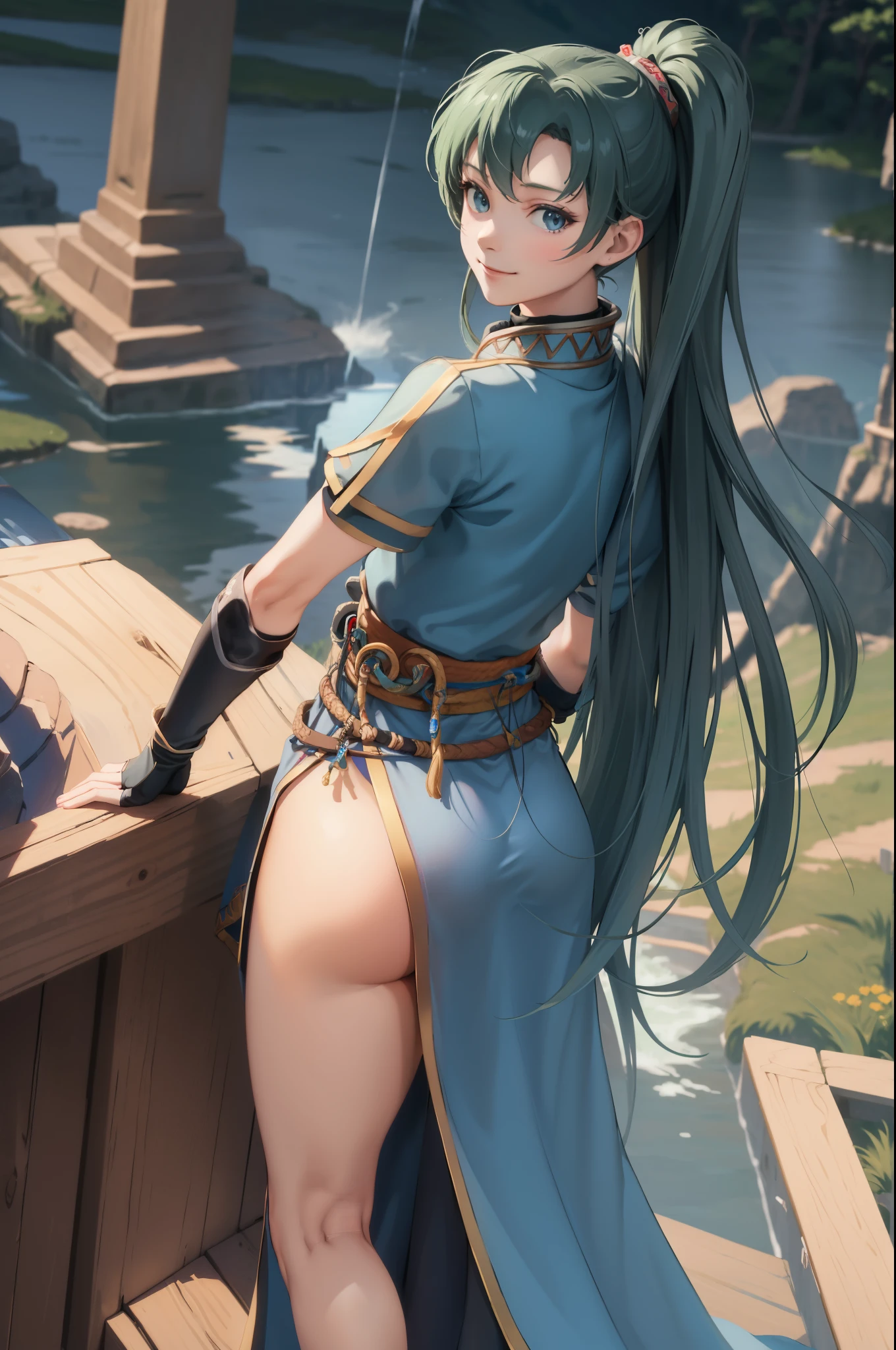 masterpiece, best quality, defaultLyn, blue dress, pelvic curtain, sash, fingerless gloves, standing, looking at viewer, stream, plains, mountains, (from behind), smile, serene expression