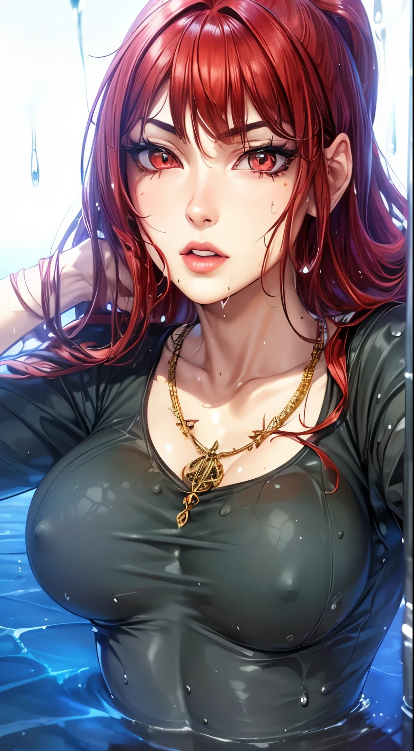 (masterpiece, best quality:1.4), (extremely detailed, 8k, uhd), cinematic shot, natural lighting, ultra highres, vibrant rich colors, (beautiful, aesthetic, perfect, delicate, intricate:1.2), (sharp focus, from front:1.3), eye level shot, 1girl, portrait of a anime girl, young, red hair, (extremely hot, attractive, beautiful, sexy, feminine:1.2) serious expression, serious look, serious eyes, expressive brown eyes, long eyelashes, relaxed,(beautiful detailed face, highly detailed skin, red eyes), gorgeous, breathtaking beauty, seductive, captivating, pale skin, perfect female figure, (slim:0.5), ( wet, wet clothes, wet hair, water :1.2), (highly saturated lipstick, luscious thick lips), intricate details, daytime, award winning photography, detailed background, volumetric fx, anime, hyper-detailed