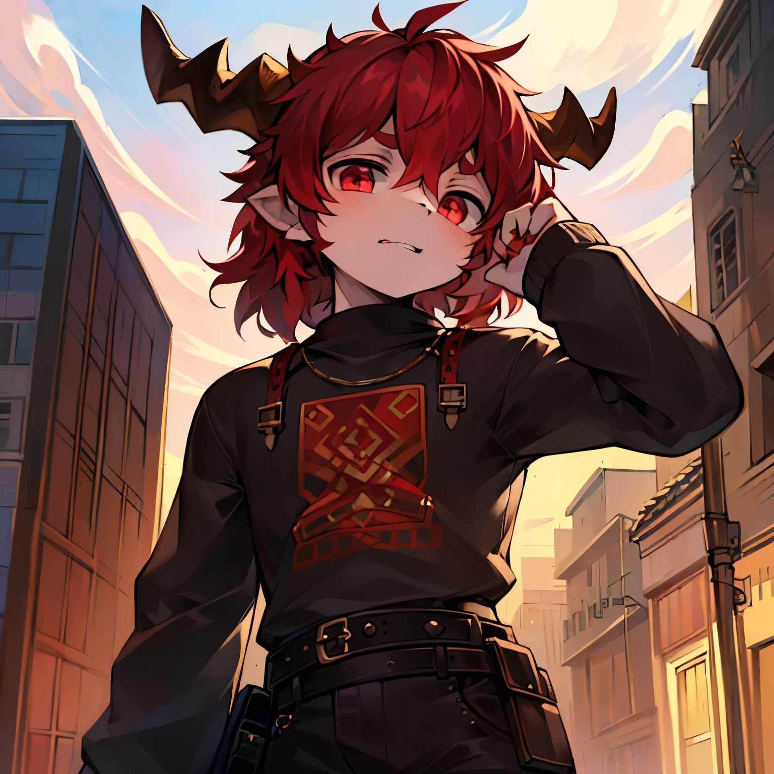 (Obra de arte, Lindo, high resolution), Illustration, 1 , Solito, ((Estilo de dibujo animado: 1.3)), (Dibujo animado occidental), Demon boy with horns, Retrato, sonriante, Cabello negro de longitud media-corta, Bonitino, Labios rosados, ojos rojos, Adulto joven, Moda urbana ciberpunk, Cielo lluvioso, Paisaje urbano, Piel de tonalidad roja, Mirando al espectador, Colores brillantes, day, ((Volto hacia