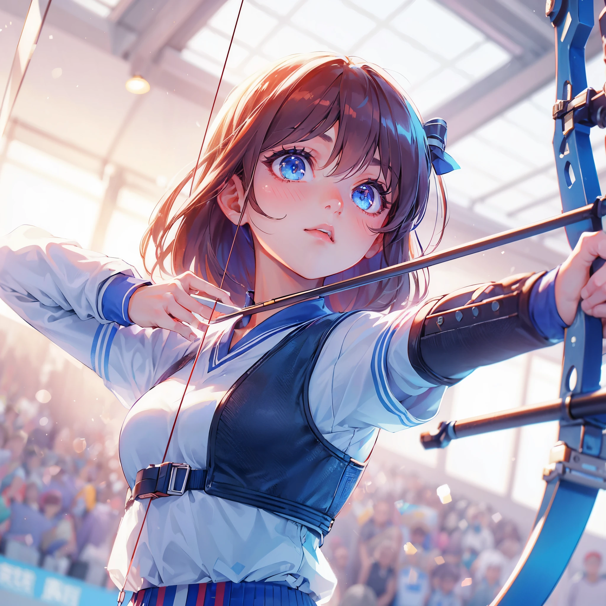high quality,HD,16k,sharp lines,1 girl,Female archery athlete ,cute face, medium breasts, nice legs,At the archery venue,focus girl,detailed beautiful face,detailed clothes,beautiful eyes,cool,dynamic angle