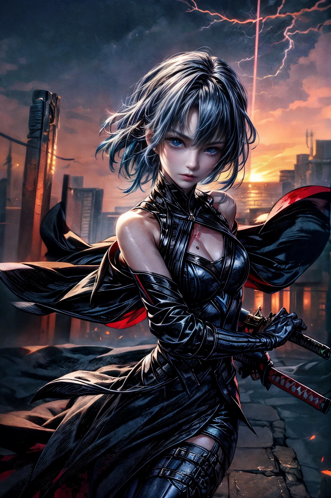 cinematic lighting、highest quality,Cyberpunk world、1 female、(20 year old beautiful woman、Detailed beautiful facial features、medium hair、shoulder length hair、blue eyes:1.4)break,medium hair、（bright blue hair、sparkling hair:1.5）（chest and cleavage:1.4）(laser samurai sword、Battojutsu 1.5)（Cybertech suit with a tattered and evil image、cyber leather tech jacket:1.4）(scratch、Returned blood adheres to the face and chest)(Sparks、lightning:1.3)android、(focus on face)（very beautiful sunrise scenery、building roof:1.2）