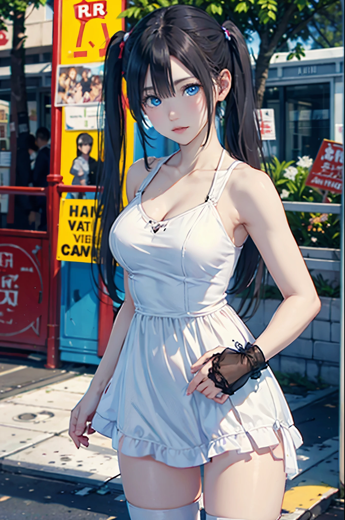 black pigtails, twin tails, trending on cgstation, twin tails hairstyle, beautiful gemini, , Trending on cgstation, wlop and sakimichan, Gwaites style artwork、(((white dress、blue eyes))),