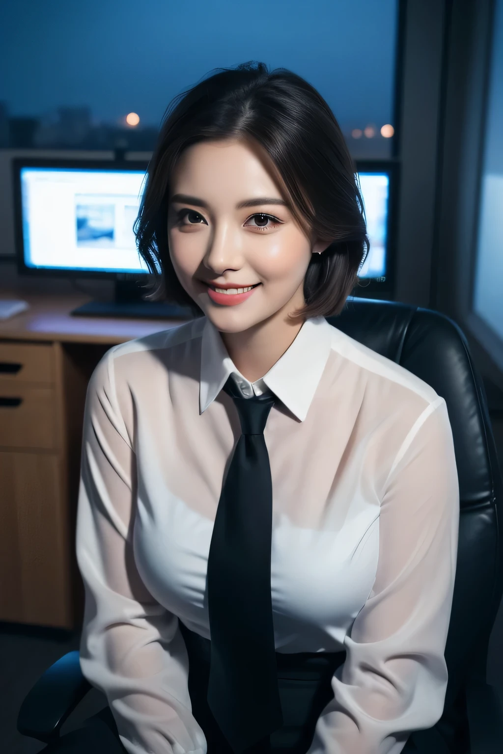 (8K, highest quality, masterpiece:1.2), (realistic, photo-realistic:1.37), Super detailed, 1 girl,cute, alone,beautiful and detailed sky,((Detailed Office)),night,((sitting)),(blush your nose),(smile:1.15),(closed mouth) , ,beautiful and detailed eyes,(collared shirt:1.1), night, Wet, suit, rain, (short hair:1.2), face to face with the children_v1puter, finger details, beautiful detailed face, top unbuttoned shirt, (whole body :1.5)