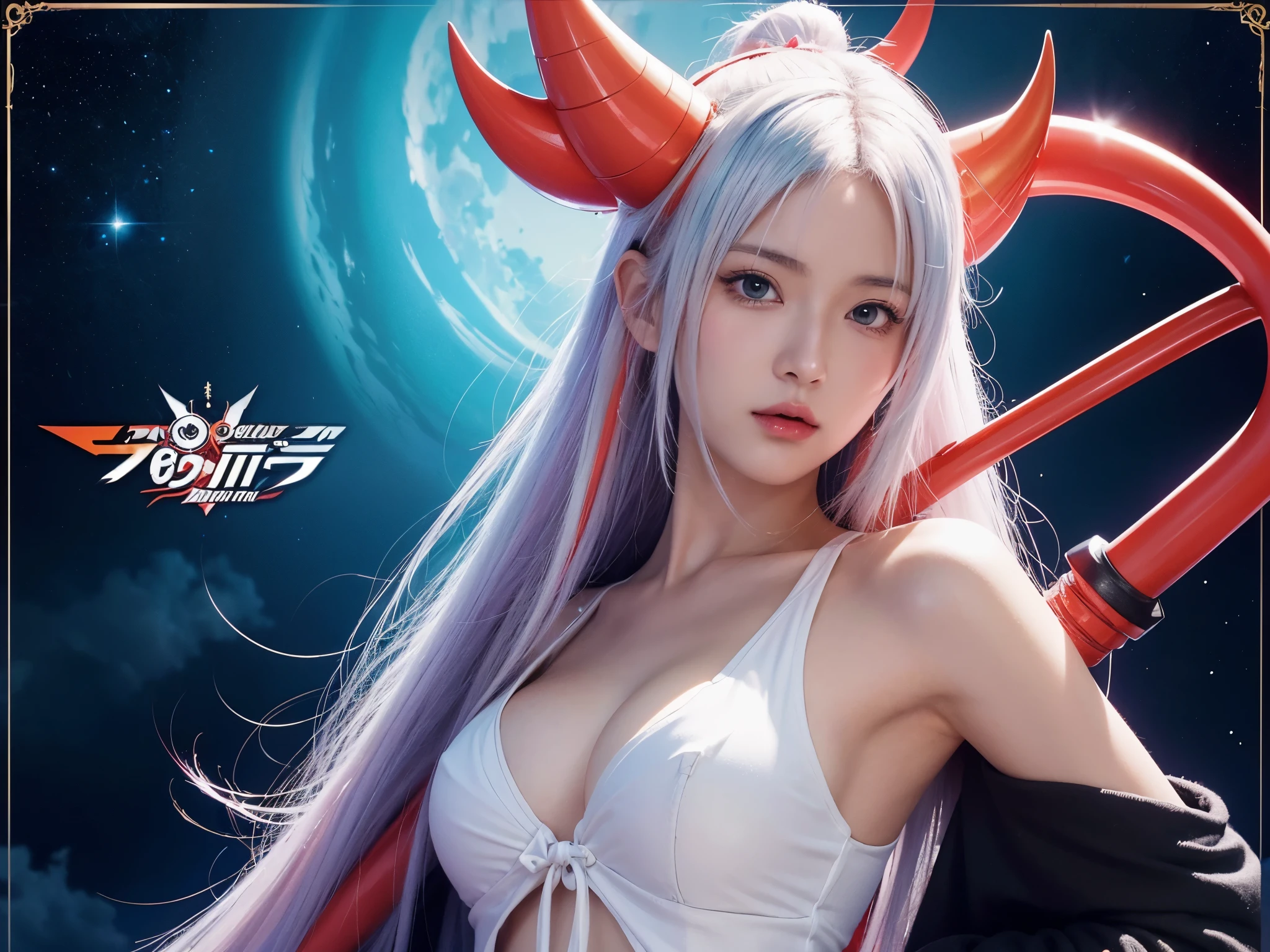 Close-up of a man in a hat and a sword, Anime girl with white hair, (There are red horns on the head), Official artwork, macross frontier splash art, rossdraws pastel vibrant, knights of zodiac girl, dreamy psychedelic anime, macross frontier, Detailed key anime art,Eiichiro Oda,author:Our Monday Lang,Inspired by Masanobu Omura,An anime cover,(One Piece,author:Tite Kubo,One Piece style)