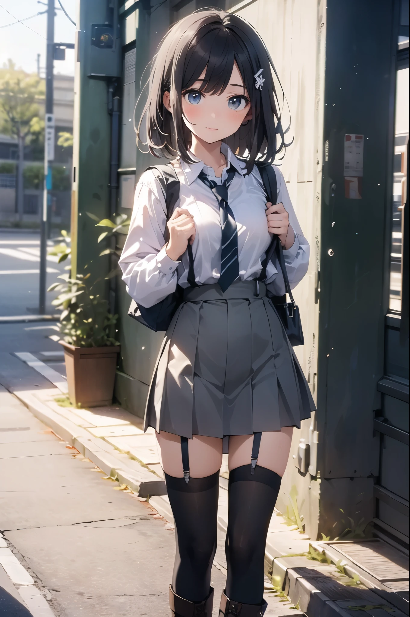 brown hair、looking at the viewer suspenders Bulging big breasts Black miniskirt garter belt knee high socks Gaze small face bangs Beauty hands up Gaze black boots provocation one person cutter shirt Panty shot hands behind put your hands behind your back Hands behind your back With your hands behind your back armed holster handgun ベルト garter belt