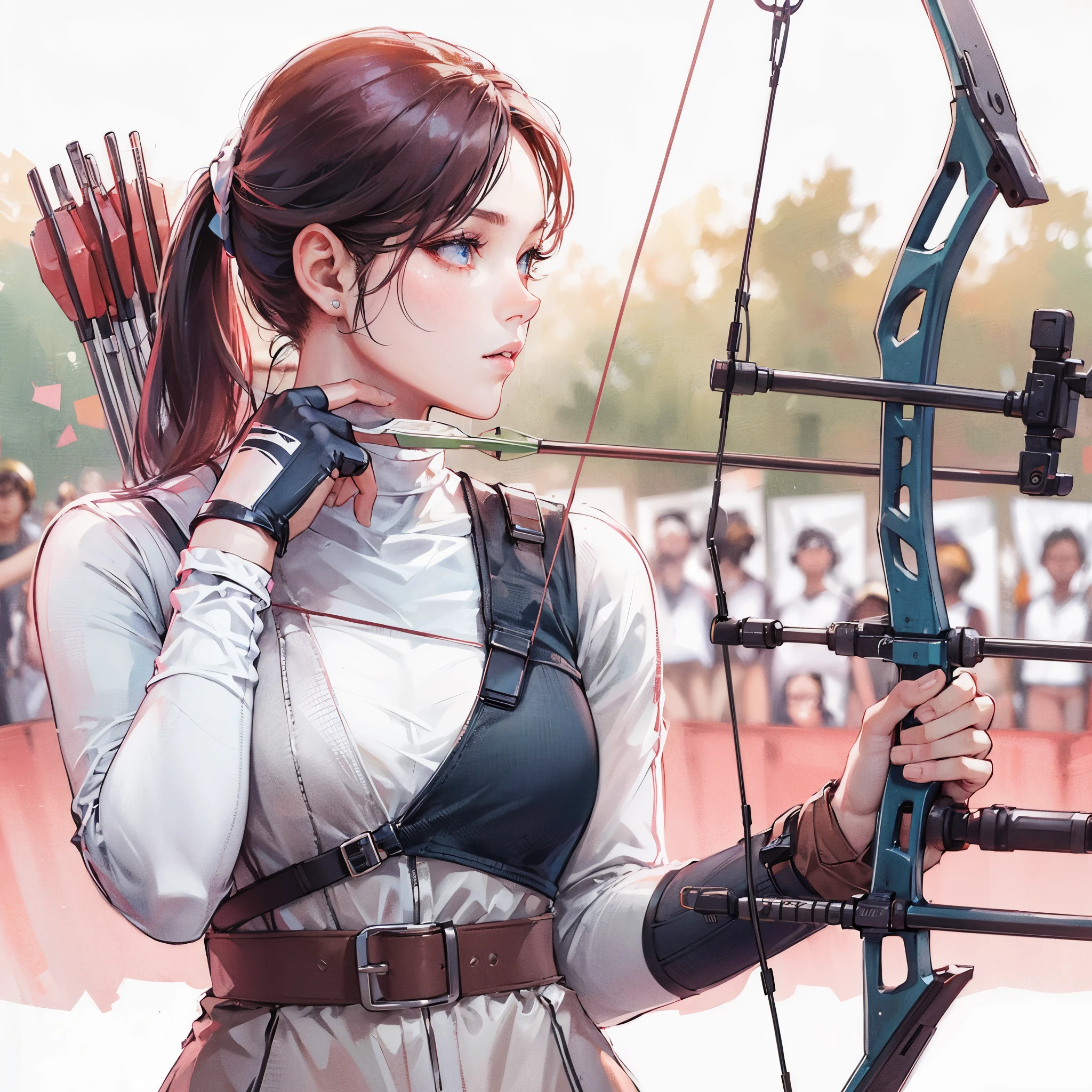 high quality,HD,16k,sharp lines,1 girl,Female archery athlete ,cute face, medium breasts, nice legs,At the archery venue,focus girl,detailed beautiful face,detailed clothes,beautiful eyes,cool,dynamic angle