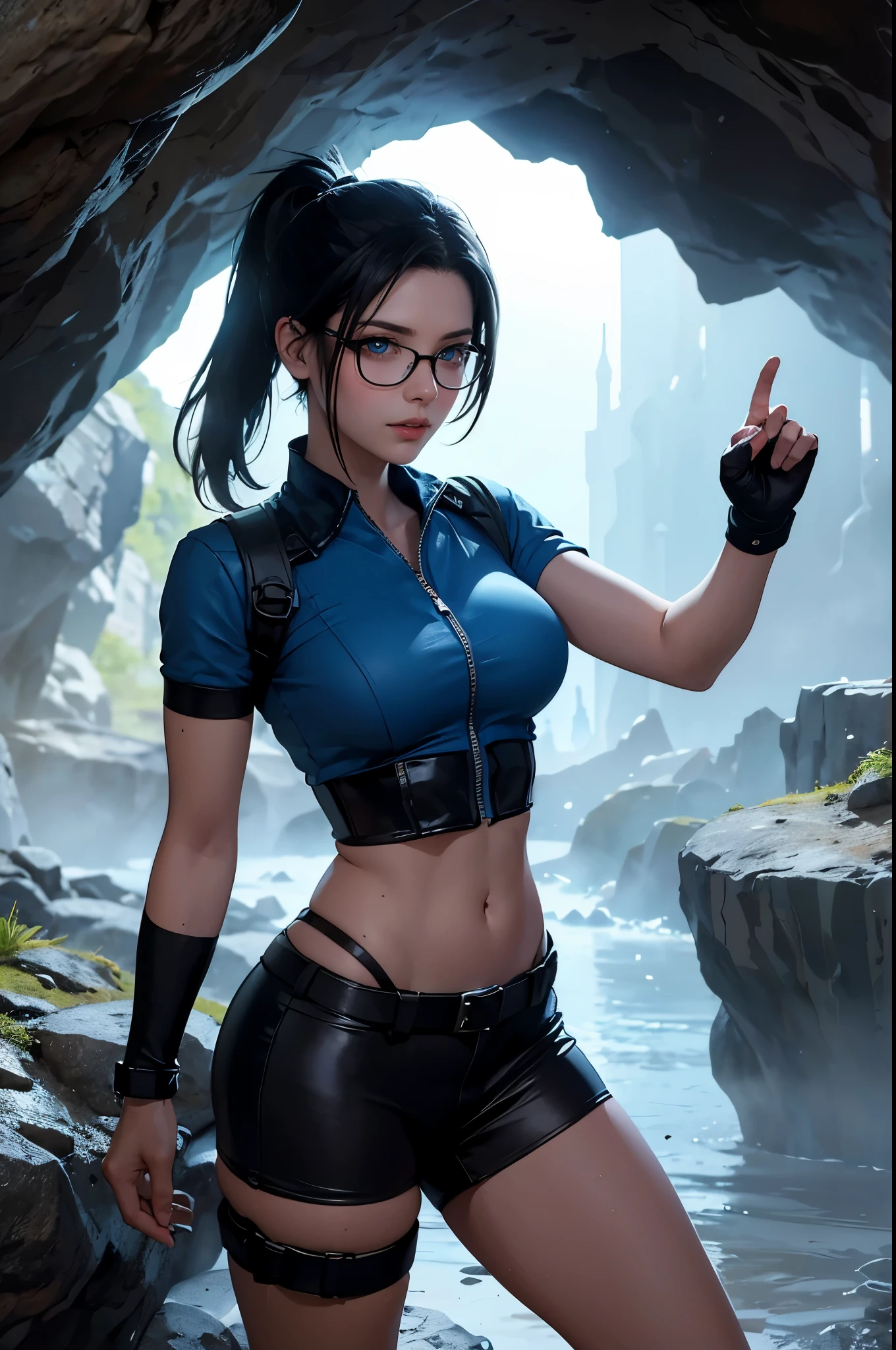 ((Ancient cave landscape)), a beautiful young explorer girl is standing in the picture, ((wearing a Jill Valentine outfit)), long black hair in a ponytail, bangs, wearing glasses