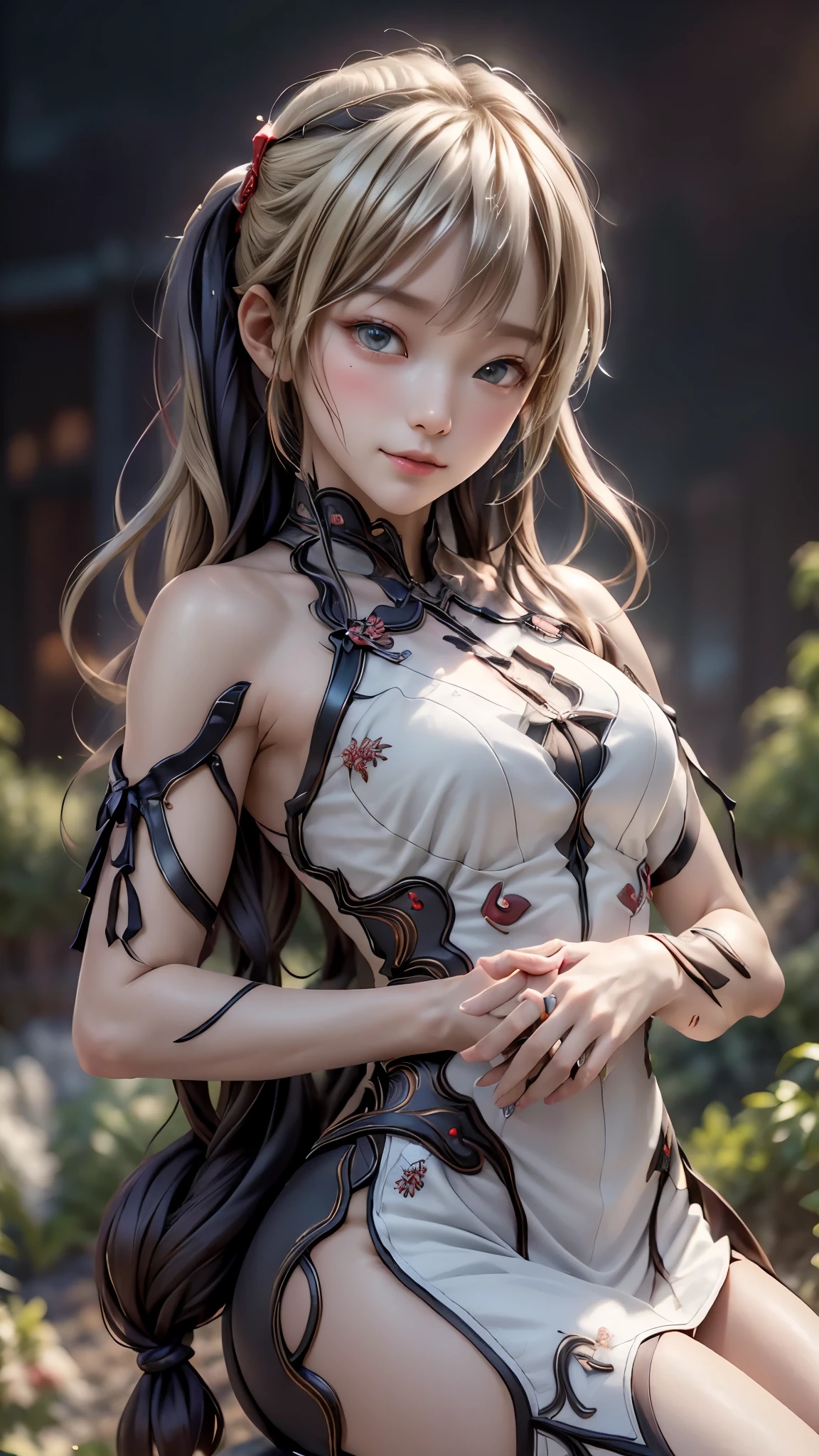 ((highest quality)), ((masterpiece)), (detailed:1.4), 3D, Beautiful Chinese dress woman image,nffsw(high dynamic range),ray tracing,NVIDIA RTX,super resolution,unreal 5,Scattered beneath the surface,PBR texturing,post processing,anisotropic filtering,Depth of bounds written,maximum clarity and sharpness,multilayer texture,Albedo and specular maps,surface shading,Accurate simulation of light-matter interactions,perfect proportions,octane rendering,two-tone lighting,wide aperture,Low ISO、White balance、Rule of thirds、8K students、((Straight Long Hair))(((white and red cheongsam)))(((blonde)))(())(())