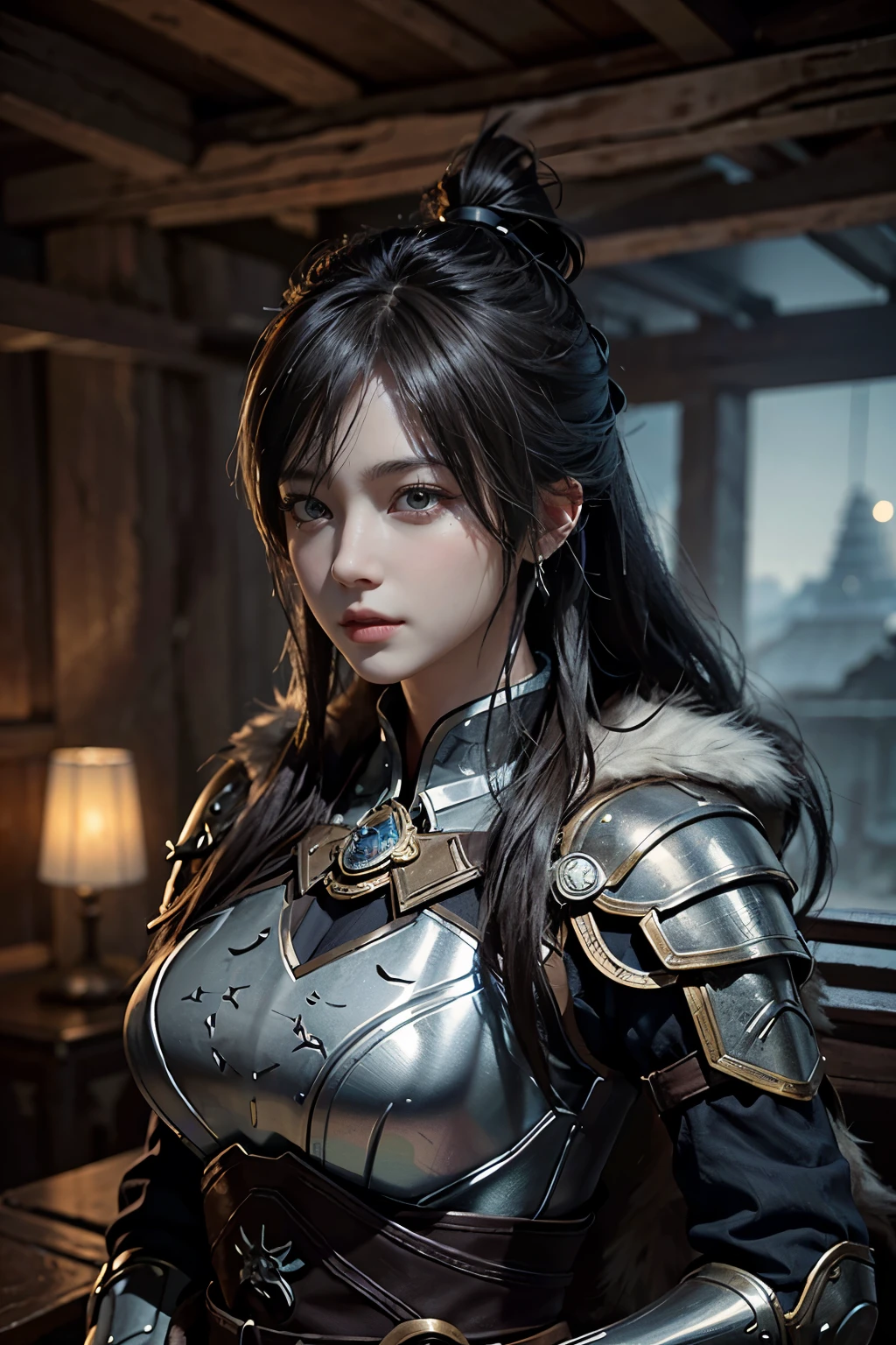 Game art，The best picture quality，Highest resolution，8K，(A bust photograph)，(Portrait)，(Head close-up)，(Rule of thirds)，Unreal Engine 5 rendering works， (The Girl of the Future)，(Female Warrior)， 
20岁少女，((Hunter))，An eye rich in detail，(Big breasts)，优雅高贵，冷漠，勇敢的，
（Medieval-style fur combat clothing，Glowing magic lines，Animal skin clothing with rich details），Medieval Lady Knight，Medieval ranger，
拍照姿势，简单背景，Movie lights，Ray tracing，Game CG，((3D Unreal Engine))，oc渲染反射纹