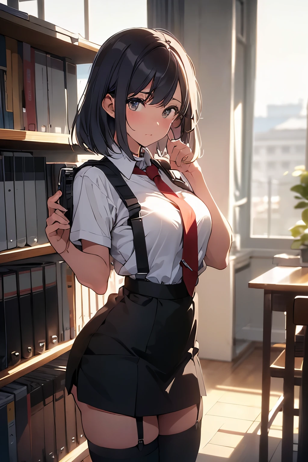 brown hair、looking at the viewer suspenders Bulging big breasts Black miniskirt garter belt knee high socks Gaze small face bangs Beauty hands up Gaze black boots provocation one person cutter shirt Panty shot hands behind put your hands behind your back Hands behind your back With your hands behind your back armed holster handgun ベルト garter belt