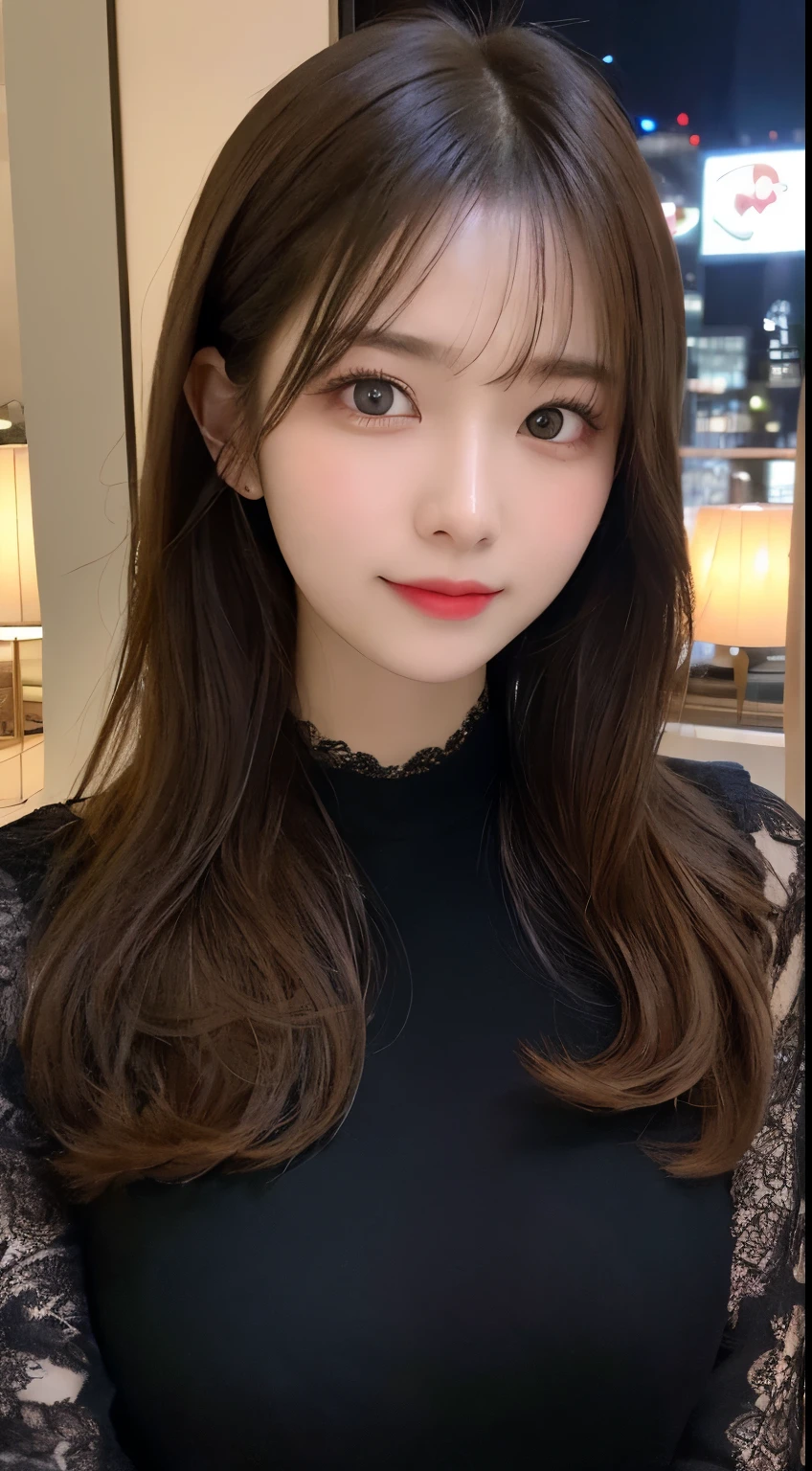 table top, highest quality, shape, Super detailed, finely, High resolution, 8k wallpaper, 完璧なダイナミックな構shape, beautiful and detailed eyes, classy and gorgeous winter dress,straight hair,,natural color lip,smile,20 year old girl、cute、Sexy looking at camera,Always blur the background,perfect and beautiful face,Take only the face,beautiful and detailed face、slim face and style、Big eyes、elegant face、beautiful and detailed face、KPOP idol face、japan idol face、Big eyes、Party venue on the top floor of a high-rise hotel、blur background、Take a full body photo