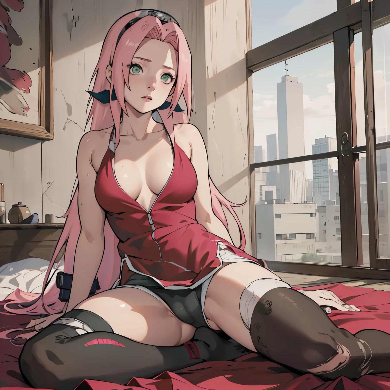 (masterpiece: 1.2), (high quality), 1girl, solo, lying, sakura haruno, pink hair, long hair, green eyes, red clothes, tight black shorts, exposed thighs, black knee high socks , real whole body , realistic , reality , highly detailed , image looks very detailed , UHD quality , 8k lens , 70mm