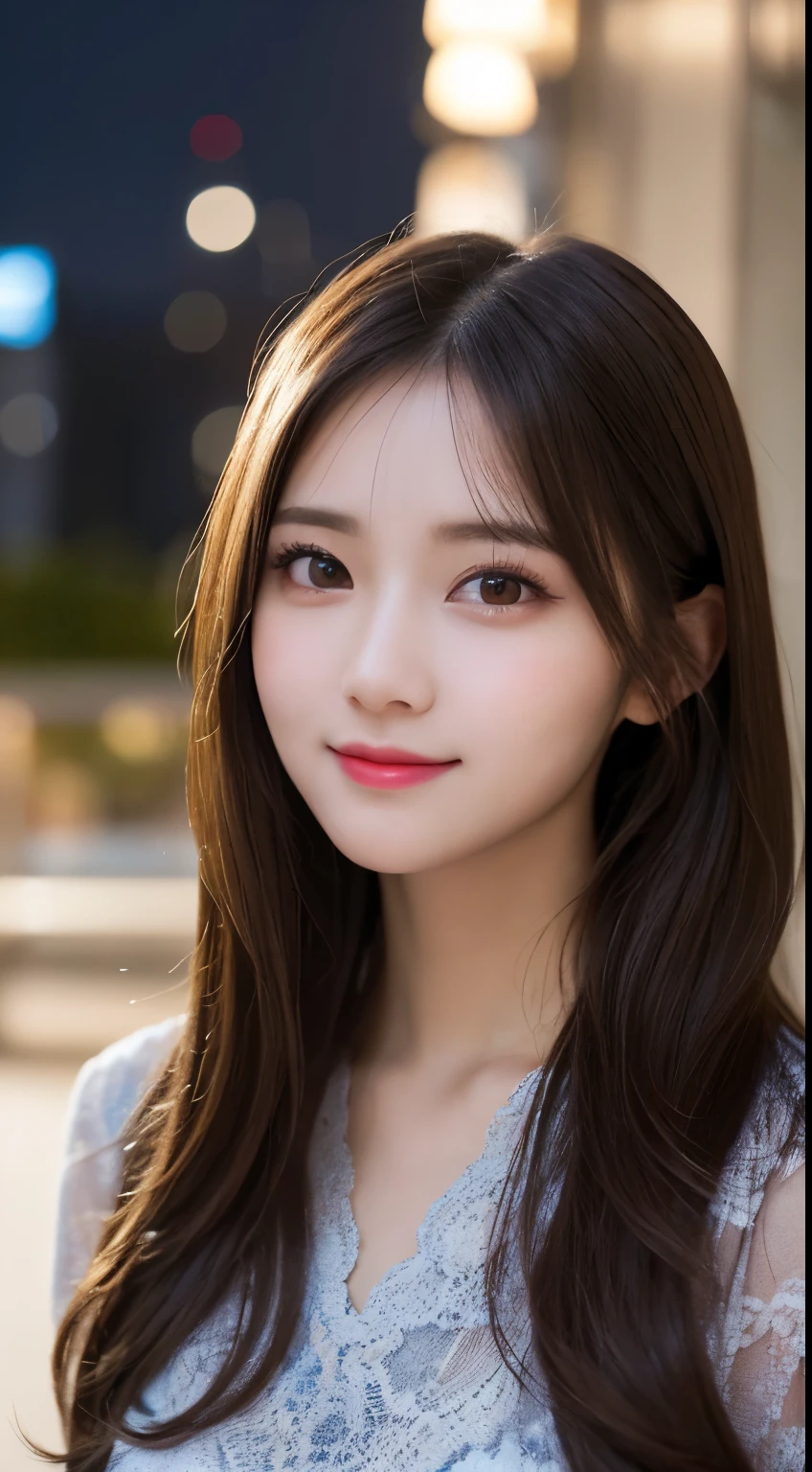 table top, highest quality, shape, Super detailed, finely, High resolution, 8k wallpaper, 完璧なダイナミックな構shape, beautiful and detailed eyes, classy and gorgeous winter dress,straight hair,,natural color lip,smile,20 year old girl、cute、Sexy looking at camera,Always blur the background,perfect and beautiful face,Take only the face,beautiful and detailed face、slim face and style、Big eyes、elegant face、beautiful and detailed face、KPOP idol face、japan idol face、Big eyes、Party venue on the top floor of a high-rise hotel、blur background、Take a full body photo