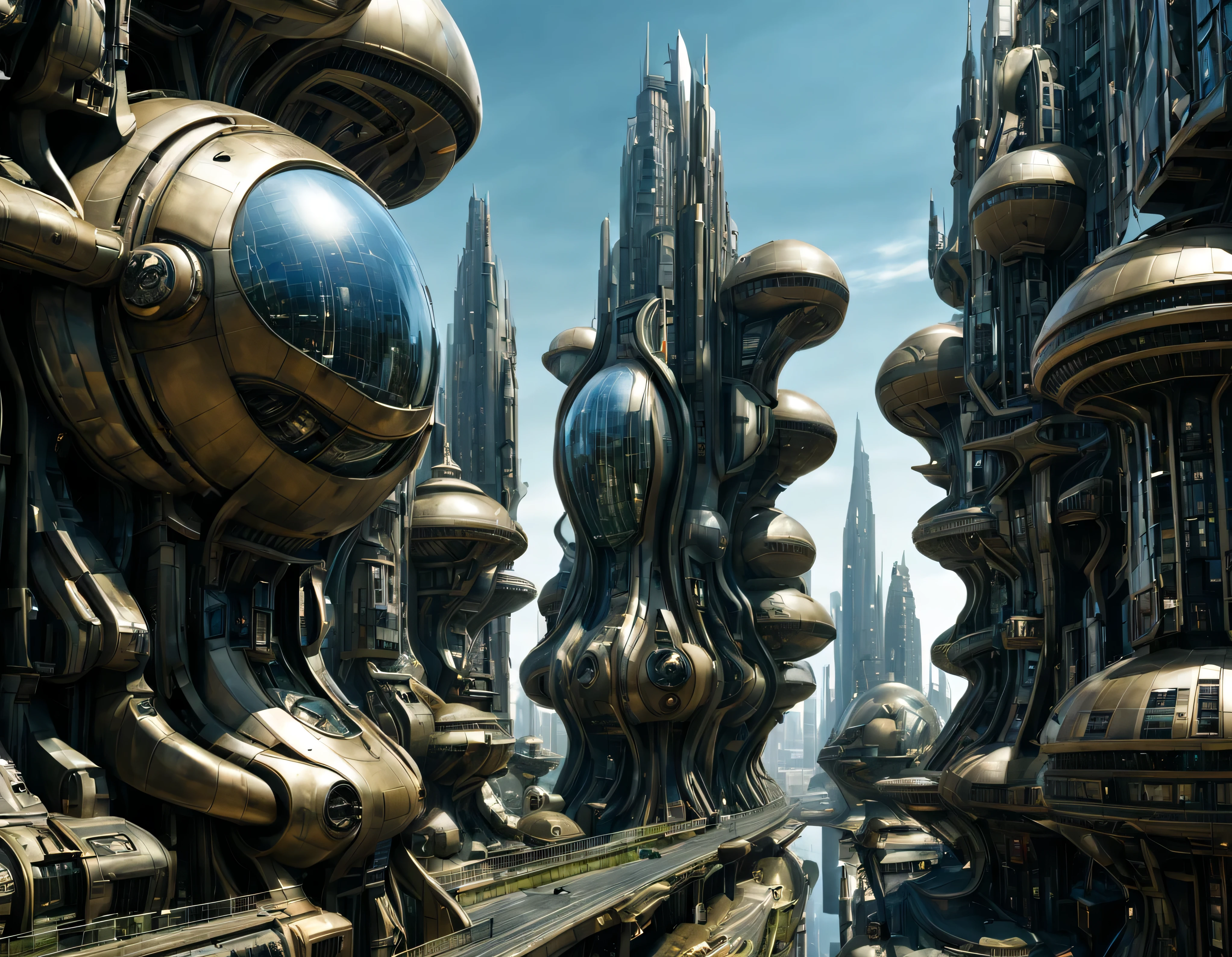 street of an extraterrestrial alien city with futuristic and technological architecture in its metal and glass conglomerado de buildings, donde predomina el oro, la plata y el bronce, some aliens walking around, ventanas iluminadas, all full of imagination, science fiction and (intrincados detalles de la maquina).imagen fotorrealista, Maximum sharpness, calidad 8k.(obra maestra de calidad superior). 3D.
