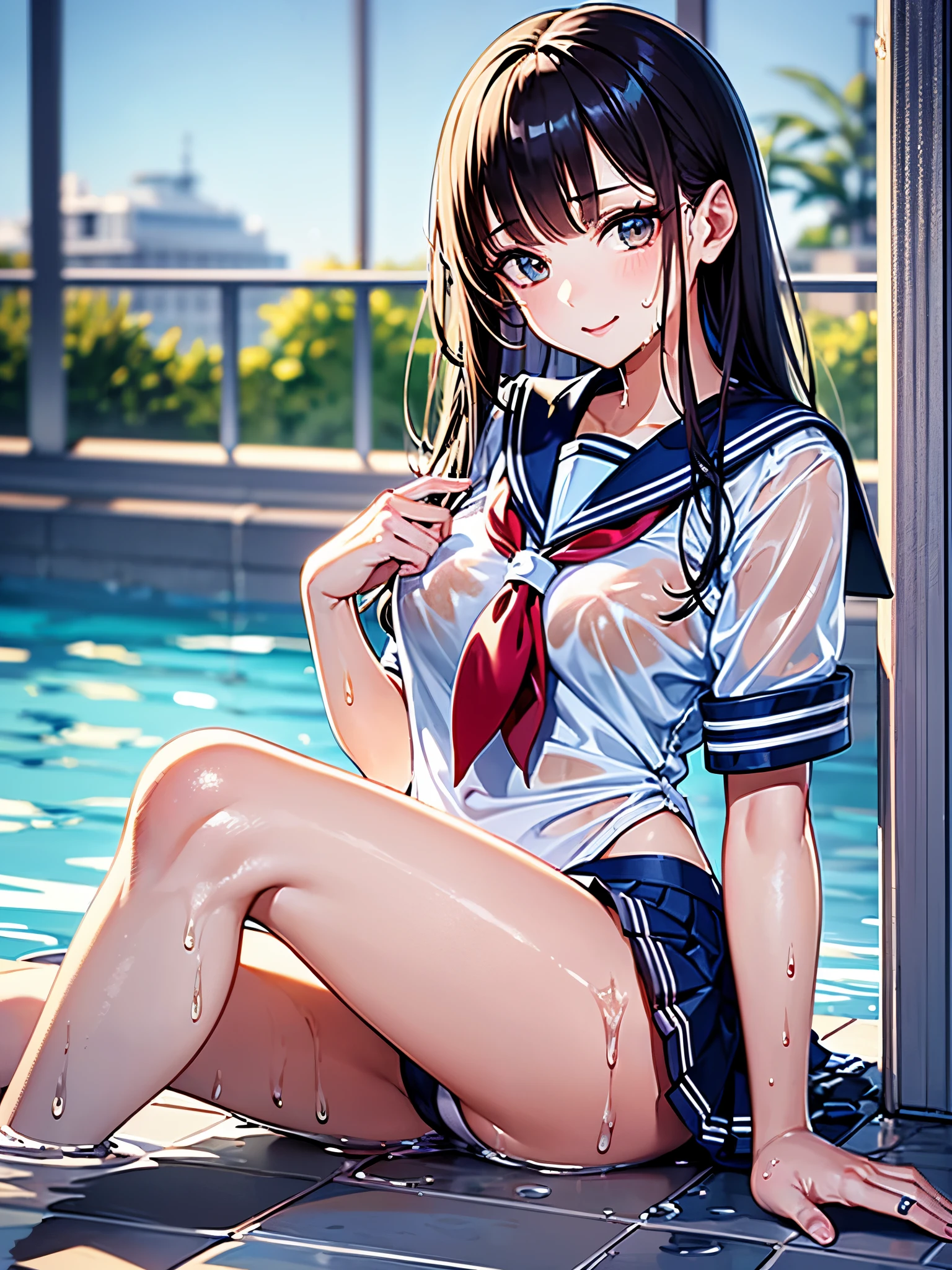 ((highest quality)),(ultra high resolution),(Super detailed),(detailed description),((best CG)),(best work of art),super precision art,great drawing art,(Art with precise details:1.5), (1 woman:1.8),high school girl:1.5,(beautiful and well-shaped face:1.5),cheerful smile:1.6,(Wet sailor uniform depicted in precise detail:1.7), outdoor pool:1.5,dazzling sun:1.5