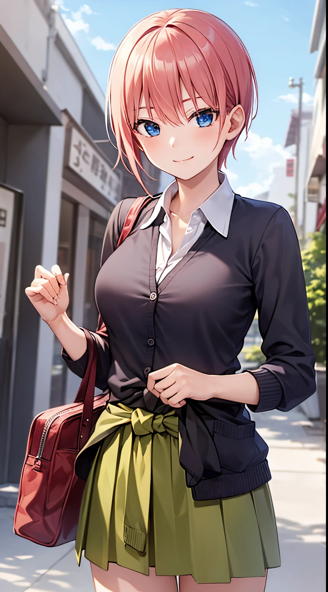 2D, masterpiece, highest quality, anime, very detailed, 1 girl, alone, cowboy shot, Nakano ichika, pink hair, short hair, Cardigan around the waist, collared shirt, green skirt, mini skirt, medium breasts, Are standing, School, outdoor, smile