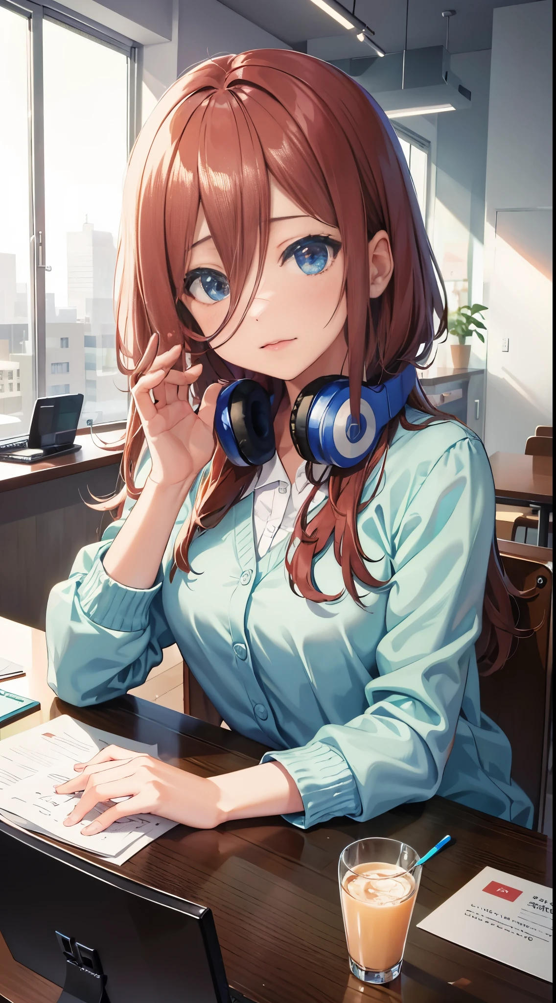 (masterpiece, high quality, High resolution), miku nakano (quintuplet), brown messy hair, headphones, face palm,sitting at desk in office chair,shrugged face, detailed face,unbuttoned shirt,Slight visible cleavage,hot atmosphere,classic office background,transparent large window, anime version, very detailed, UHD, 4K, 8K, award-winning, sharp focus, anime version, blush