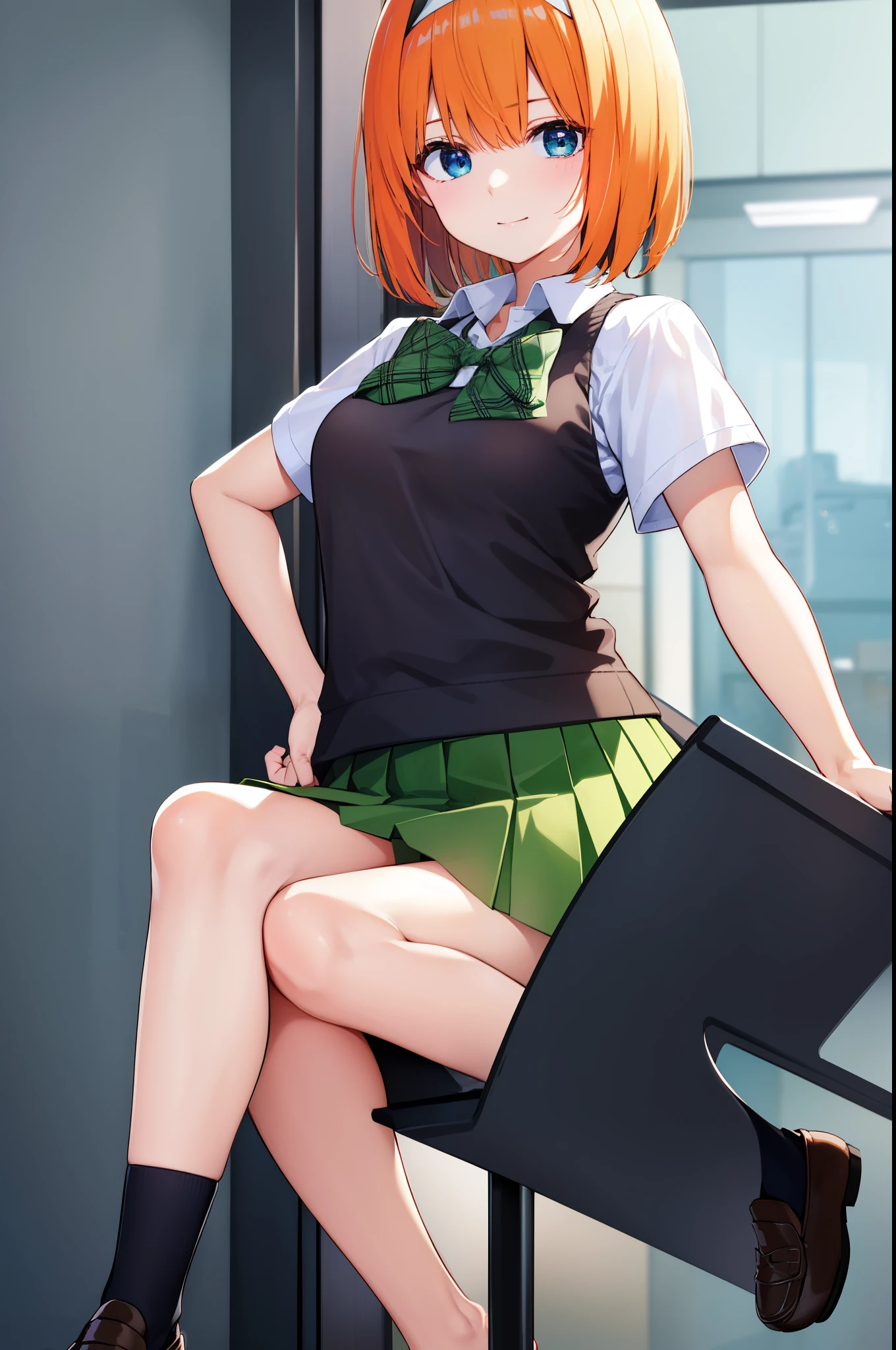 yotsubanakano, Nakano Yotsuba, bangs, short hair, blue eyes, hair between eyes, hair ribbon, hair band, orange hair, green ribbon, smile,
break skirt, shirt, bow, ribbon, school uniform, white shirt, short sleeve, pleated skirt, shoes, shoes下, collared shirt, mini skirt, bowtie, 黒いshoes, knee high, green skirt, black shoes下, loafers, green bow, sweater vest, green ribbon,
break looking at viewer, whole body, Upper body,
break indoors, classroom,
break (masterpiece:1.2), highest quality, High resolution, unity 8k wallpaper, (figure:0.8), (beautiful and fine eyes:1.6), highly detailed face, perfect lighting, Very detailed CG, (perfect hands, perfect anatomy),