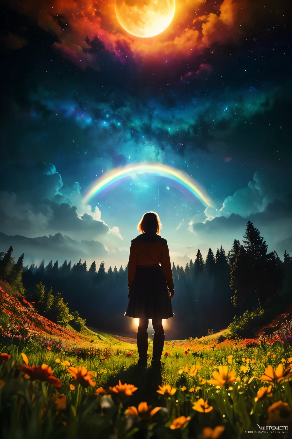 vast landscape photography, (Bottom view showing the sky above and open country below), a girl standing on flower field looking up, (full moon: 1.2), (shooting star: 0.9), (nebula : 1.3), distant mountain, break tree production art, (warm light source: 1.2), (fire Fly: 1.2), lamp, lots of purple and orange, intricate details, volume lighting, break realism (masterpiece: 1.2) , (highest quality), 4K, super detailed, (Dynamic Composition: 1.4), very detailed, colorful details, (rainbow colors: 1.2), (bright lighting, atmosphere lighting), dream-like, Magic, (alone: 1.2)