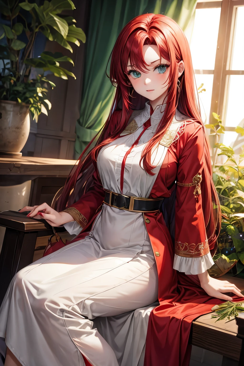 red middle length hair woman with green eyes in fine clothes