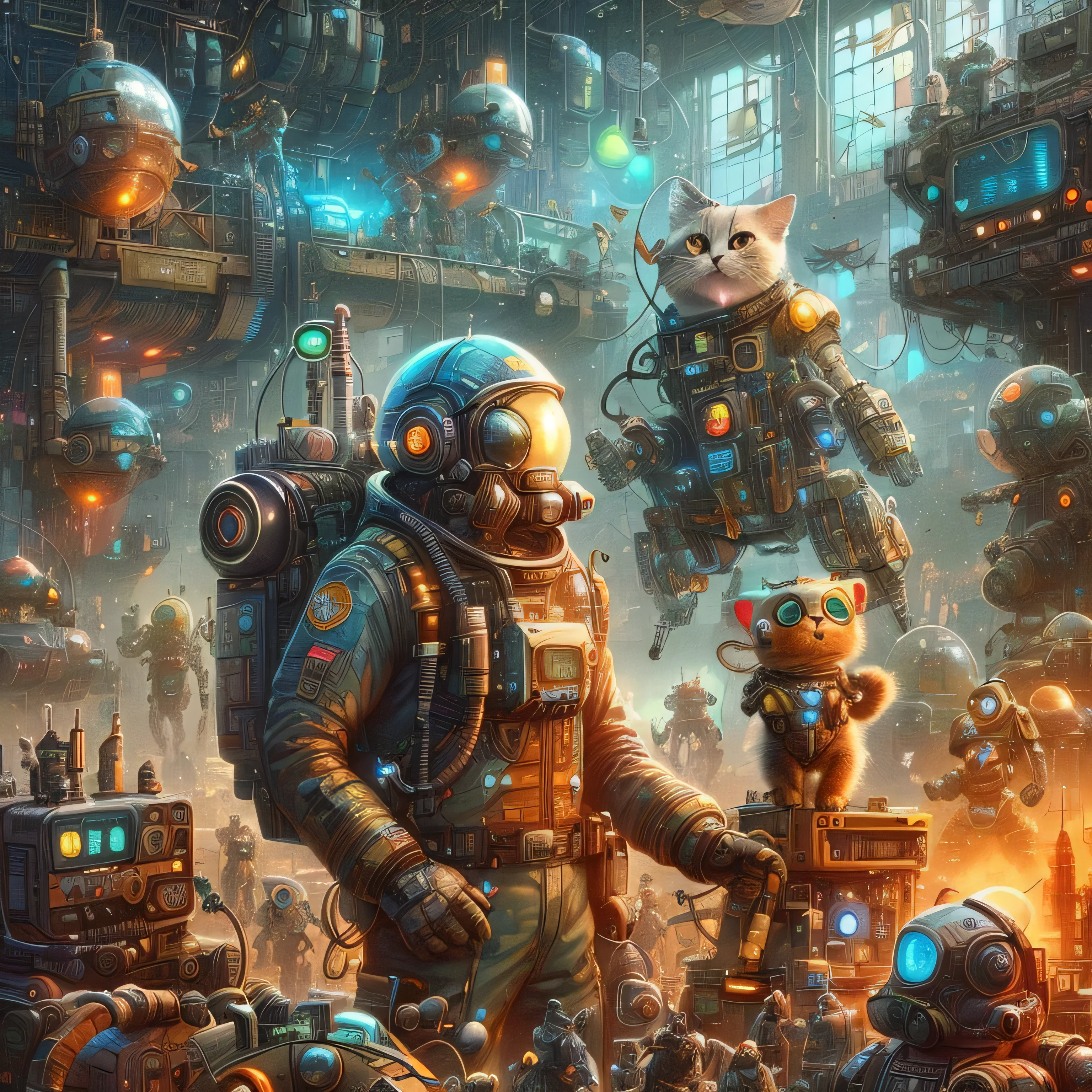 A drawing of a cat and a man in a space suit surrounded by robots.., Greg Beeple, grand fantasy sci-fi illustrations, Colorful sci-fi steampunk, Beeple and Jeremiah Gettner, beetle art, 4k solarpunk wallpaper, Detailed sci-fi art, Beeple and Tim Hildebrandt