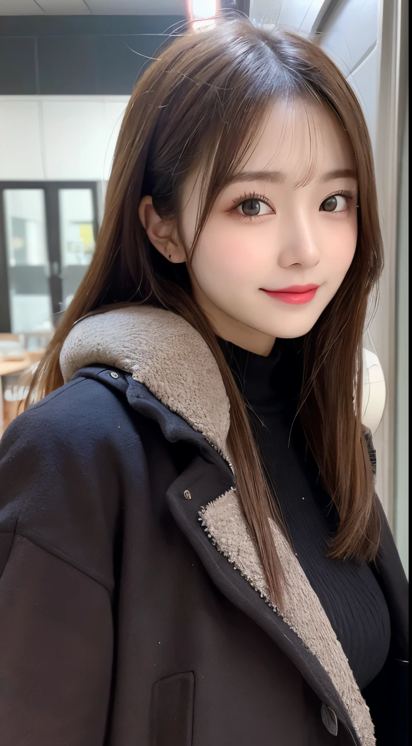 table top, highest quality, shape, Super detailed, finely, High resolution, 8k wallpaper, 完璧なダイナミックな構shape, beautiful and detailed eyes, Gorgeous and stylish black fluffy latest trend Tokyo winter clothes,ランダムなcute髪,small breasts,natural color lip, bold sexy pose,smile、20 year old girl、cute、sexy shot looking at camera,Always blur the background,perfect and beautiful face,Take only the face,beautiful and detailed face、slim face and style,Big eyes、Do gal makeup,real photos、luxury brand mink coat