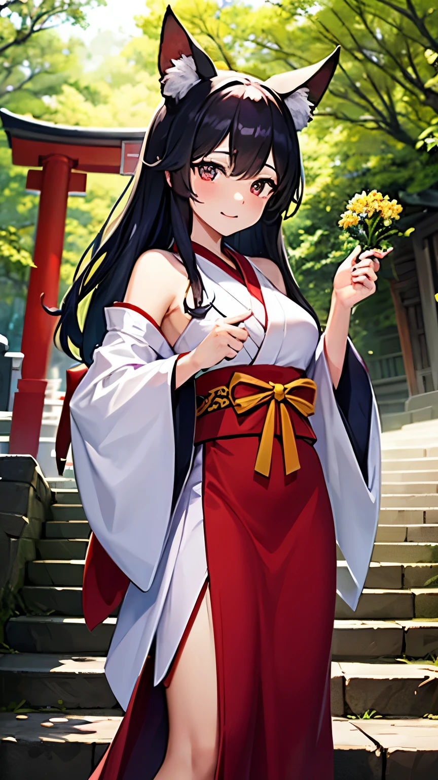 highest quality。masterpiece。detailed details。one girl。A fox disguised as a beautiful girl。Japanese shrine maiden costume。7 tails。Standing on the stone steps with a torii gate。The background is cedar forest。