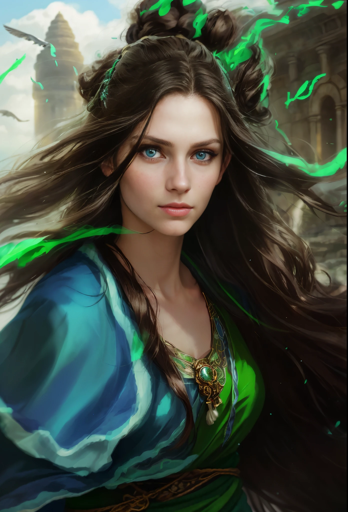 High resolution, brunette girl, 28 years old, bright blue eyes, a pattern of stones on her face from forehead to temples, brunette, temples slightly shaved, long black hair pulled back in a ponytail, temples slightly shaved, dressed in a silk shirt and loose trousers, bright green eyes, portrait, sea in the background, seagulls, realism, fantasy