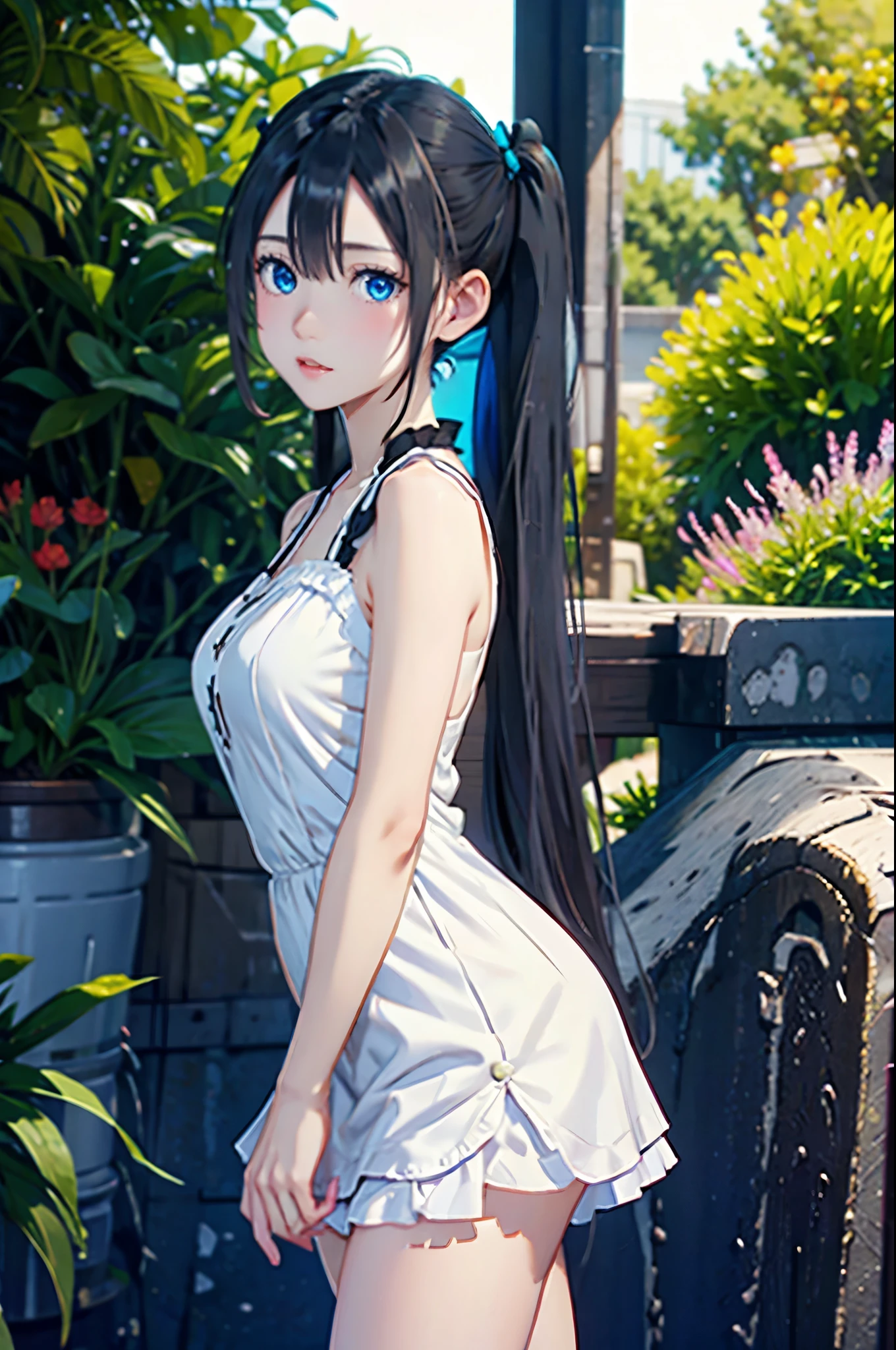 black pigtails, twin tails, trending on cgstation, twin tails hairstyle, beautiful gemini, , Trending on cgstation, wlop and sakimichan, Gwaites style artwork、(((white dress、blue eyes))),
