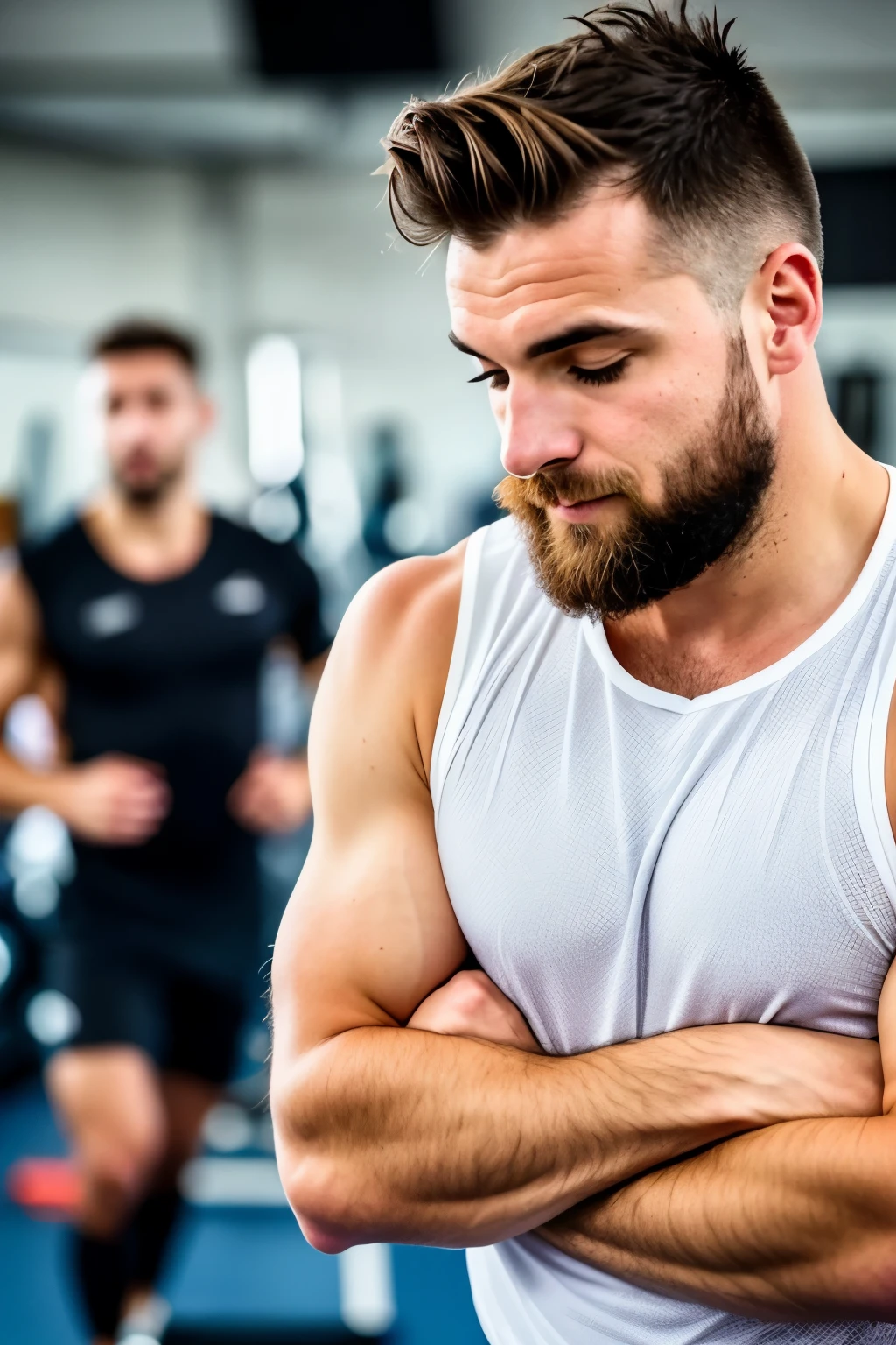 "Utilise l'image fournie comme référence pour générer un portrait de haute qualité d'un homme chauve, à la peau mate, de type italien, avec une belle barbe. Le sujet doit dégager l'aura d'un coach de lifestyle sportif et sympathique. Il doit être vêtu de manière professionnelle et appropriée pour un coach de sport, dans un environnement de gym. L'expression du sujet doit être amicale et inspirer confiance, bien-être et motivation."