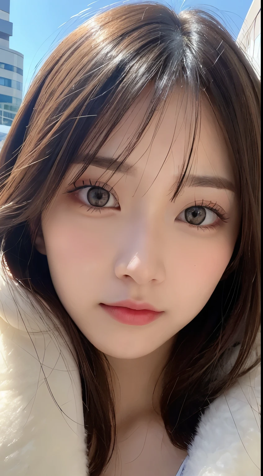 table top, highest quality, shape, Super detailed, finely, High resolution, 8k wallpaper, 完璧なダイナミックな構shape, beautiful and detailed eyes, Gorgeous winter fashion using fur,straight hair,small breasts、natural color lip,20 year old girl、cute、sexy looking at camera,beautiful detailed face,perfect and beautiful face,KPOP idol face,japan idol face,elegant face,RAW photo,Big eyes,gal makeup,blur the background