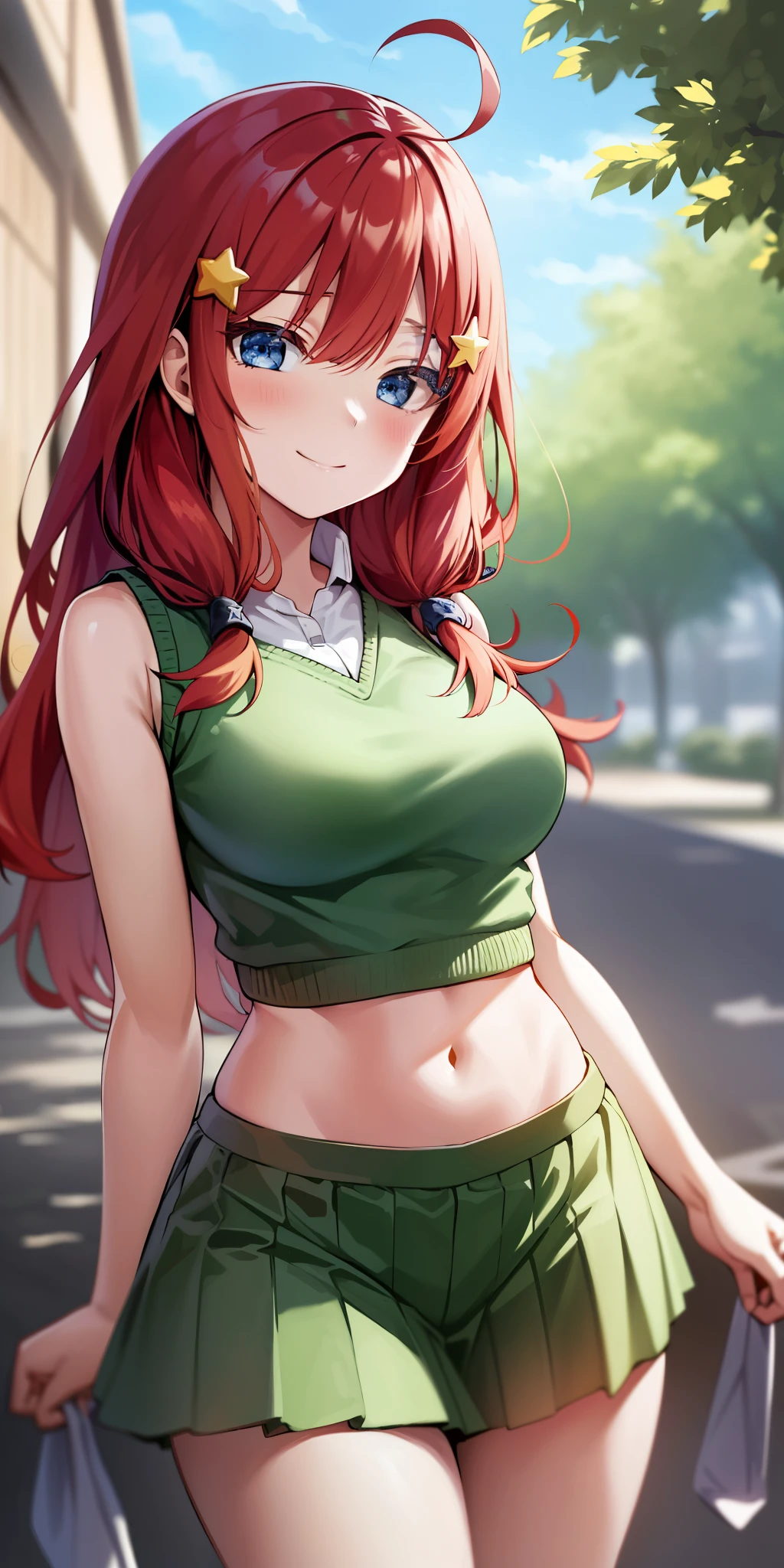 2D, masterpiece, highest quality, anime, very detailed, 1 girl, alone, cowboy shot, nakano itsuki, redhead, long hair, star hair ornament, Ahoge, crop top, green skirt, mini skirt, medium breasts, Are standing, School, outdoor, smile