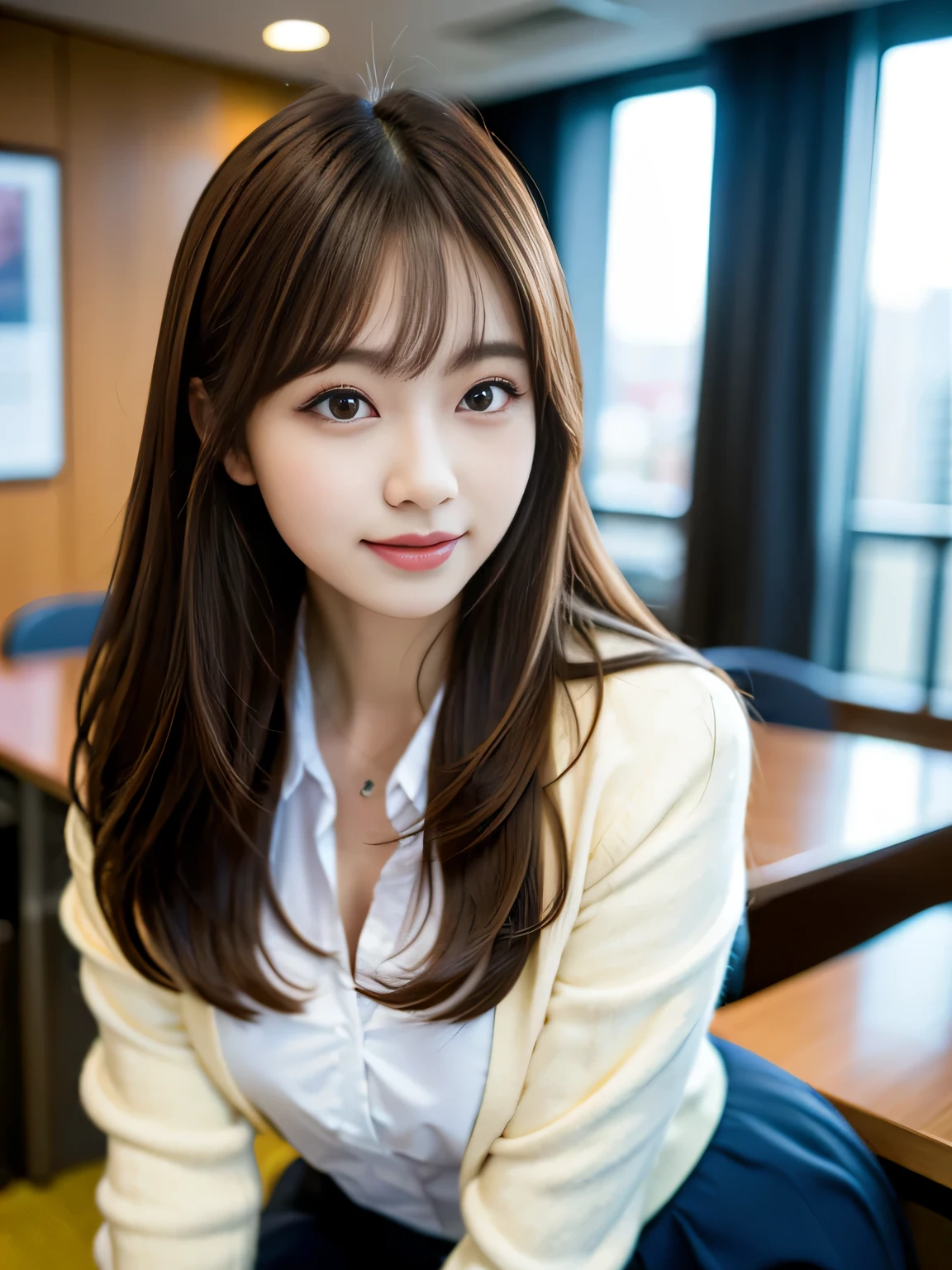 (table top), (highest quality), realistic, Photoreal, korean idol、fiery idol pose、25 years old、expensive, Glamour、~ side、1 female, pantyhose, brown hair, squat, droopy eyes、brown eyes, skirt, looking at the viewer, ペンシルskirt, office lady、outer、Jacket, office of, hair is dirty, shirt, slanted bangs, 黒いJacket, 白のshirt, hair between eyes, Put your hands on your face, suit, formal, smile,  put your hand on your cheek, beautiful girl ,In 8K, ultra high resolution,RAW photo,