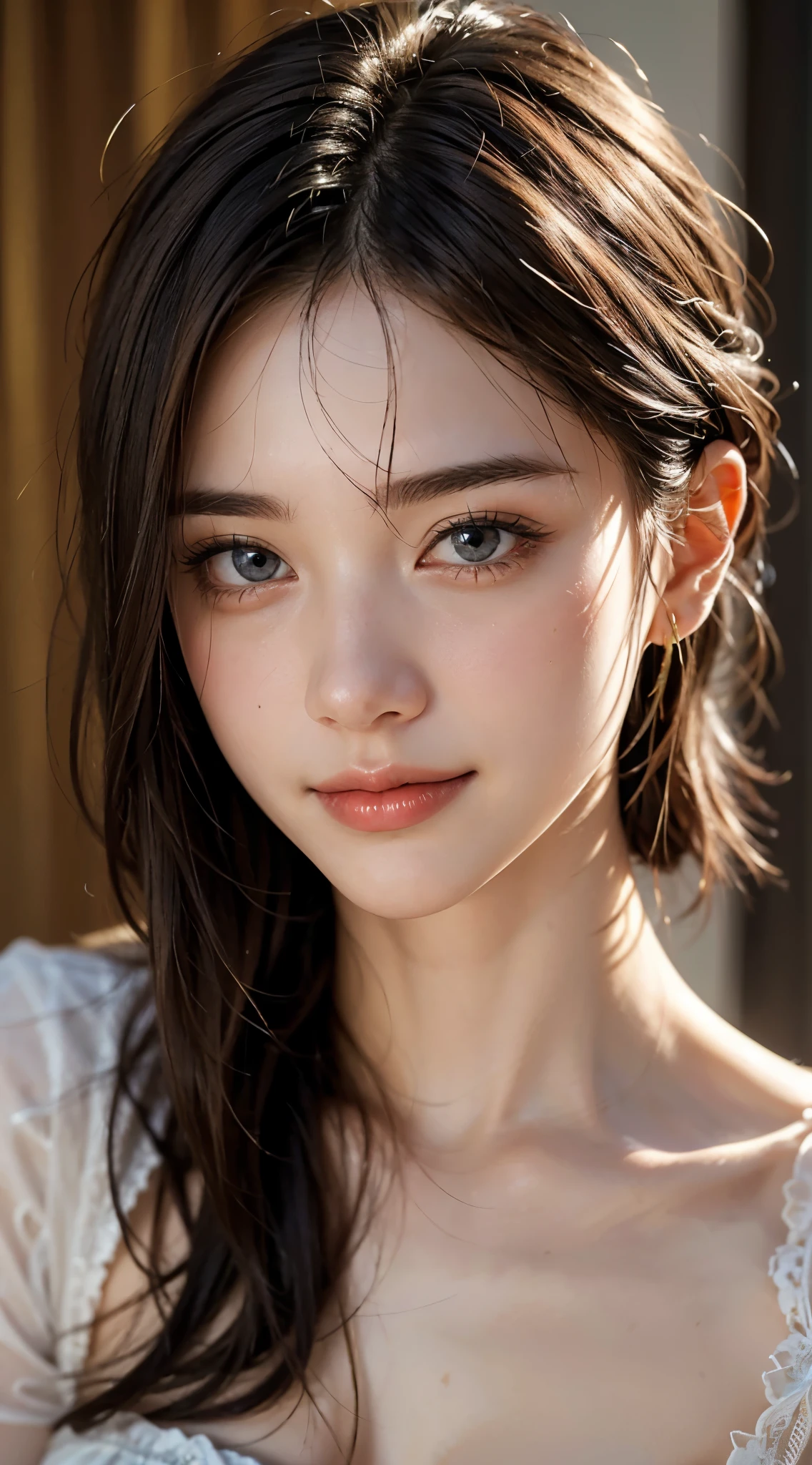 highest quality, table top, Super high resolution, (realistic:1.4), RAW photo, 1 girl, Kーpop idol, short hair, indoor, Summer Day,fine eyes,(realistic eyes),delicate face,realsKin,fine hair,Detailed sKin,beautiful face,smile、((beautiful hair ornament))、sad expression、Painful looK、