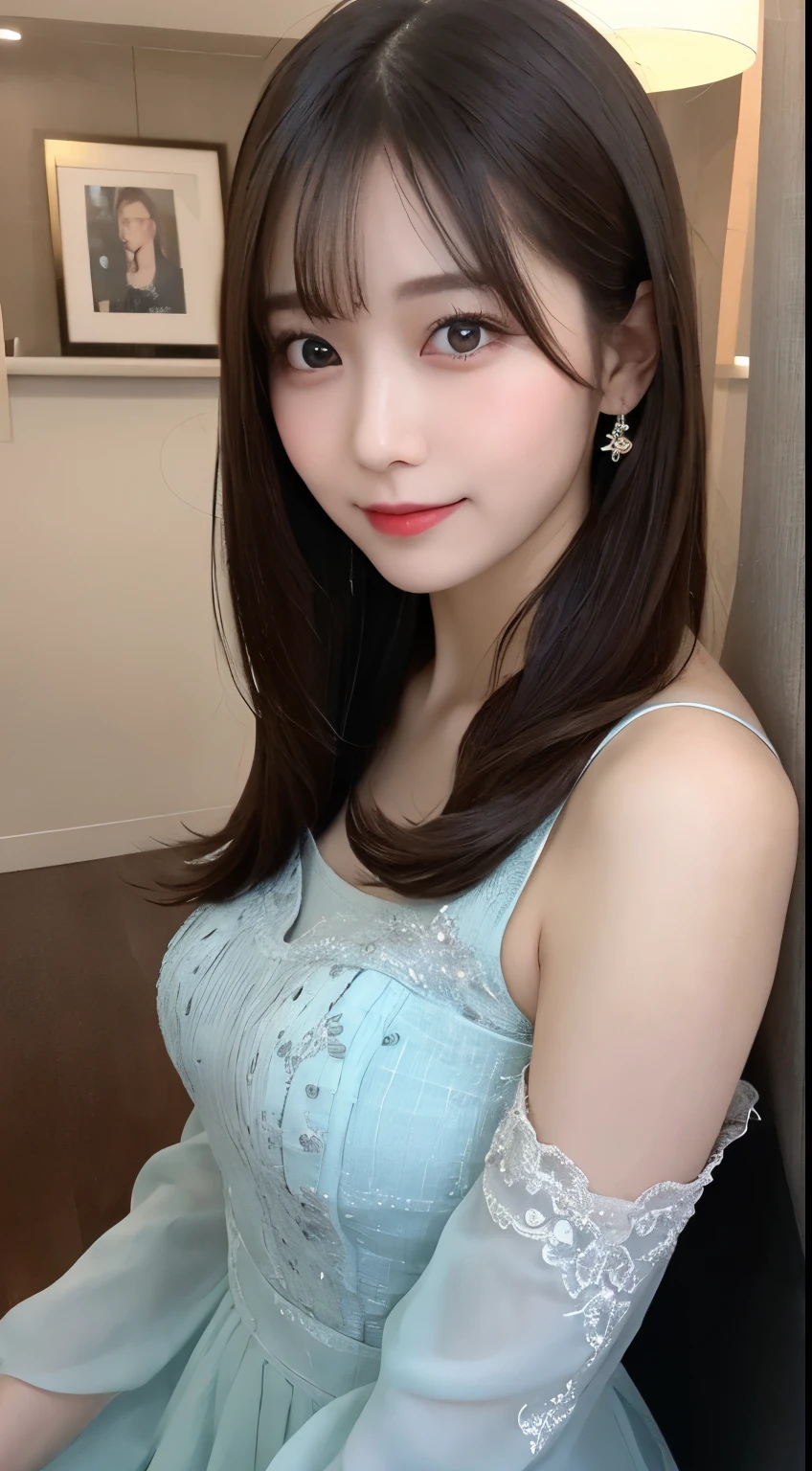 table top, highest quality, shape, Super detailed, finely, High resolution, 8k wallpaper, 完璧なダイナミックな構shape, beautiful and detailed eyes, classy and gorgeous winter dress,straight hair,,natural color lip,smile,20 year old girl、cute、Sexy looking at camera,Always blur the background,perfect and beautiful face,Take only the face,beautiful and detailed face、slim face and style、Big eyes、elegant face、beautiful and detailed face、KPOP idol face、japan idol face、Big eyes、Party venue on the top floor of a high-rise hotel、blur background、Take a full body photo