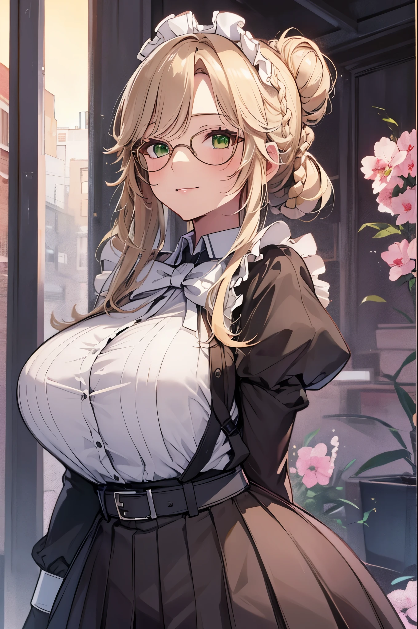 1 girl, curvy,alone, Are standing,light smile , ade, green eyes, (maid), long skirt,long sleeve,belt pouch,mature woman,(gigantic breasts), looking at the viewer,blond hair,braid,single hair bun,(((curtsey))),top-quality,Top image quality,perfect anatomy,masterpiece,ultra-detailliert,Beautiful、ultra-quality, best quality,high resolution, ultra-detailed,game cg,dutch angle ,beautiful detailed eyes, visualart,five fingers, perfect hands,upper body