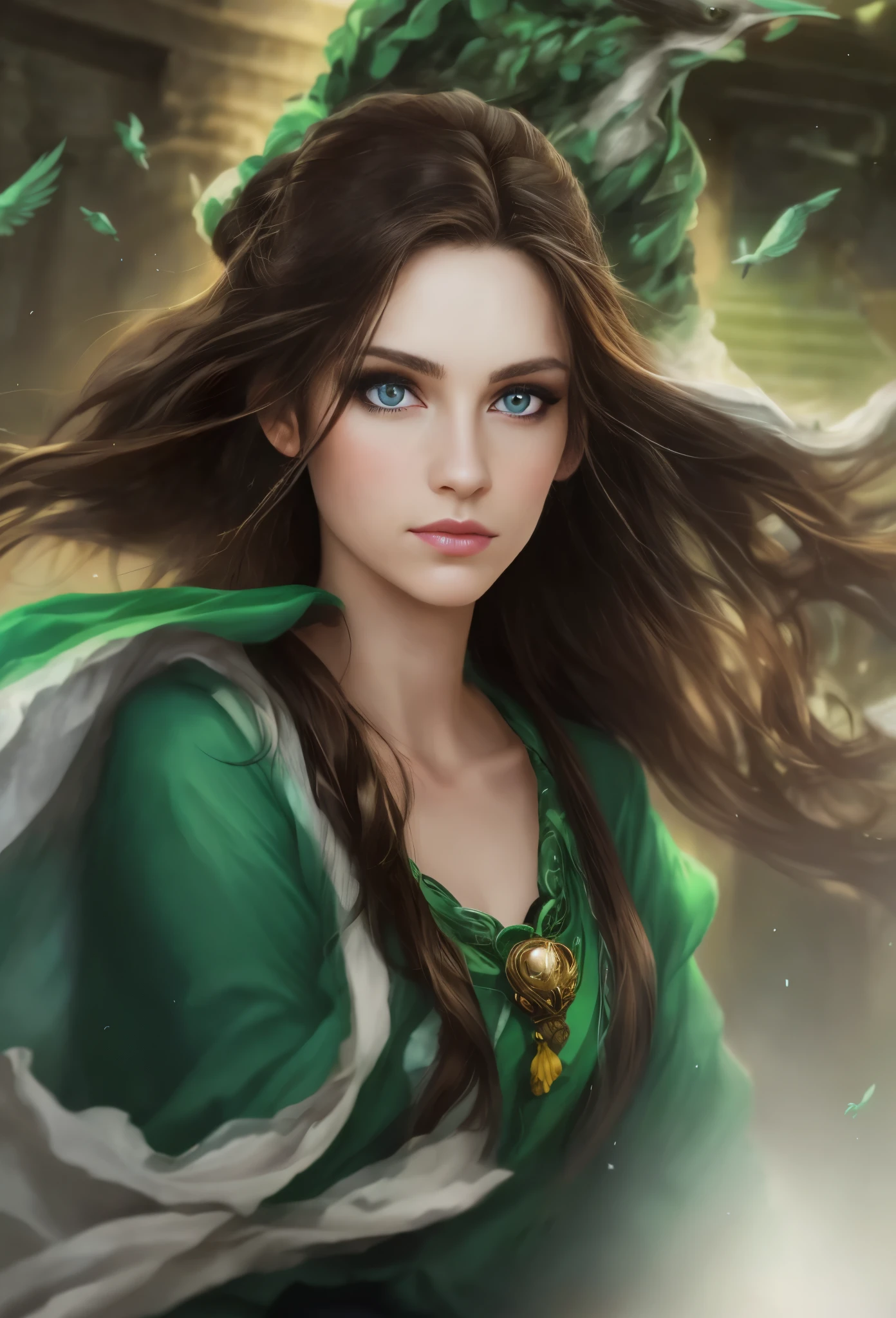 High resolution, brunette girl, 28 years old, bright blue eyes, a pattern of stones on her face from forehead to temples, brunette, temples slightly shaved, long black hair pulled back in a ponytail, temples slightly shaved, dressed in a silk shirt and loose trousers, bright green eyes, portrait, sea in the background, seagulls, realism, fantasy