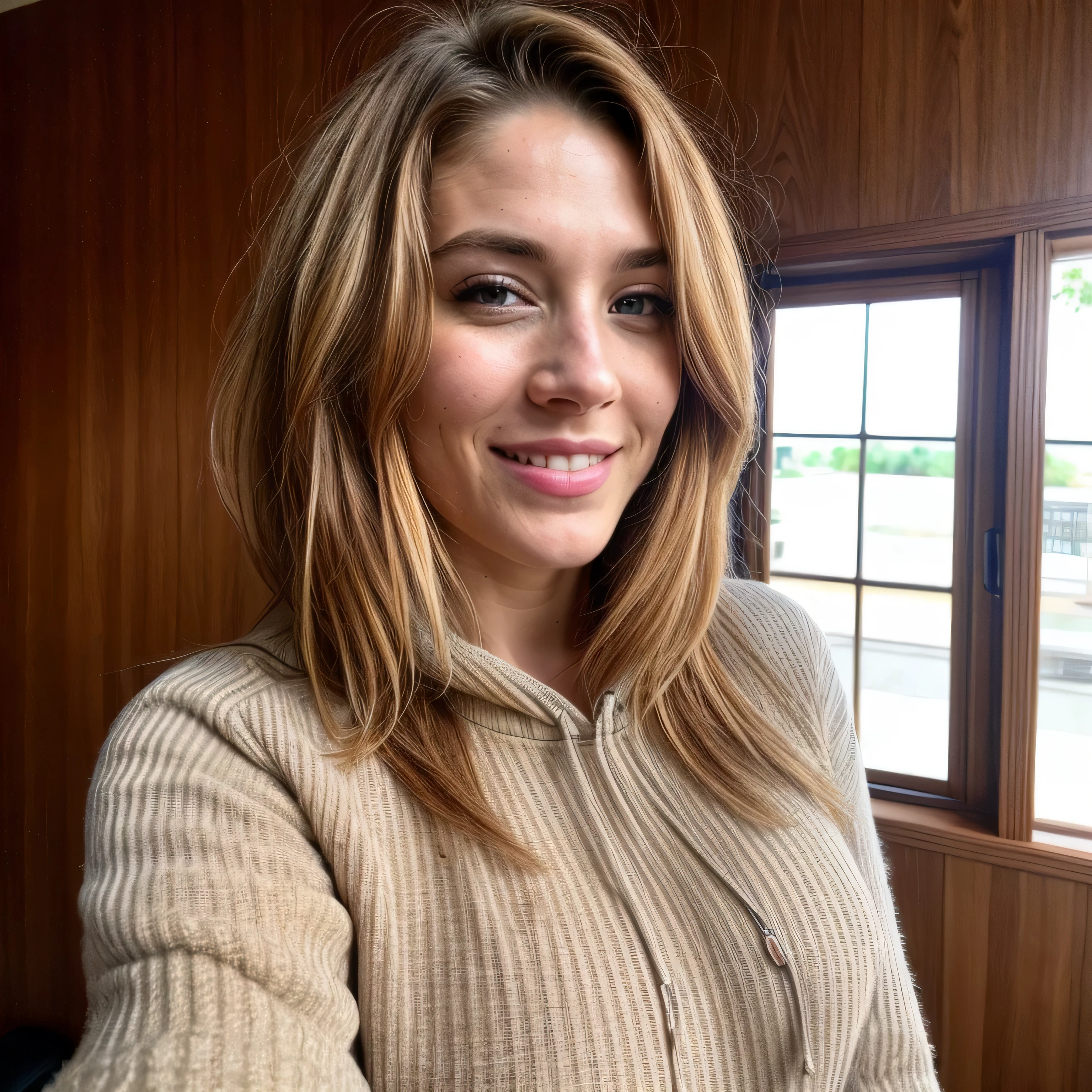 fille de 25 ans, American, beau, yeux de miel, Cheveux couleur miel,((selfie du haut du corps, heureux)), (photorealistic), (intricate details:1.2),(chef-d&#39;artwork, :1.3 ),(best quality:1.4), (ultra high resolution:1.1), ultra high resolution, (detailed eyes), (detailed facial features), HDR, 8K resolution, (Reflet:0.7), Faire demi-tour, Busy reviewing the report, Visionneuse de visage, portrait, wear a hoodie, drink coffee in club