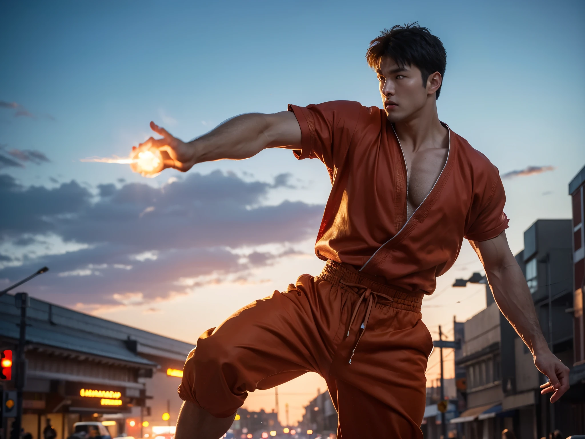 8k,RAW photo, best quality, masterpiece:1.2),(realistic, photo-realistic:1.37), ultra-detailed,full body,Ryu-street fighter,1man,solo,beautiful detailed sky,detailed street,afternoon,handsome detailed eyes,handsome lips,professional lighting, photon mapping, radiosity,physically-based rendering,extremely detailed eyes and face, handsome detailed eyes,light on face,cinematic lighting,1man,full-body shot,punch, jump, shooting fireball from two hand,