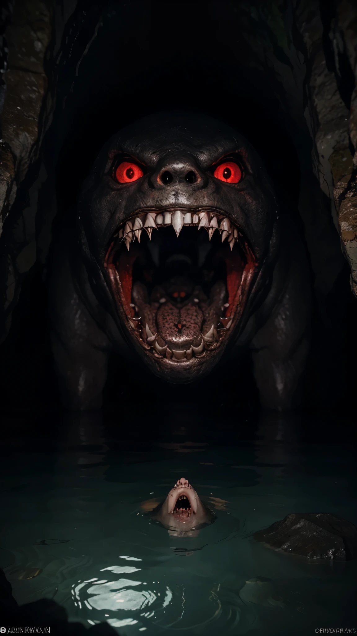 Draw something that lurks in the underwater cave, which is only seen as a pair of red glowing eyes and sharp shining teeth. Something that looks very big and scary, and ready to attack the Japanese teenager who is approaching it. The teenager does not realize the danger that threatens him, and still looks curious about what is in the cave.