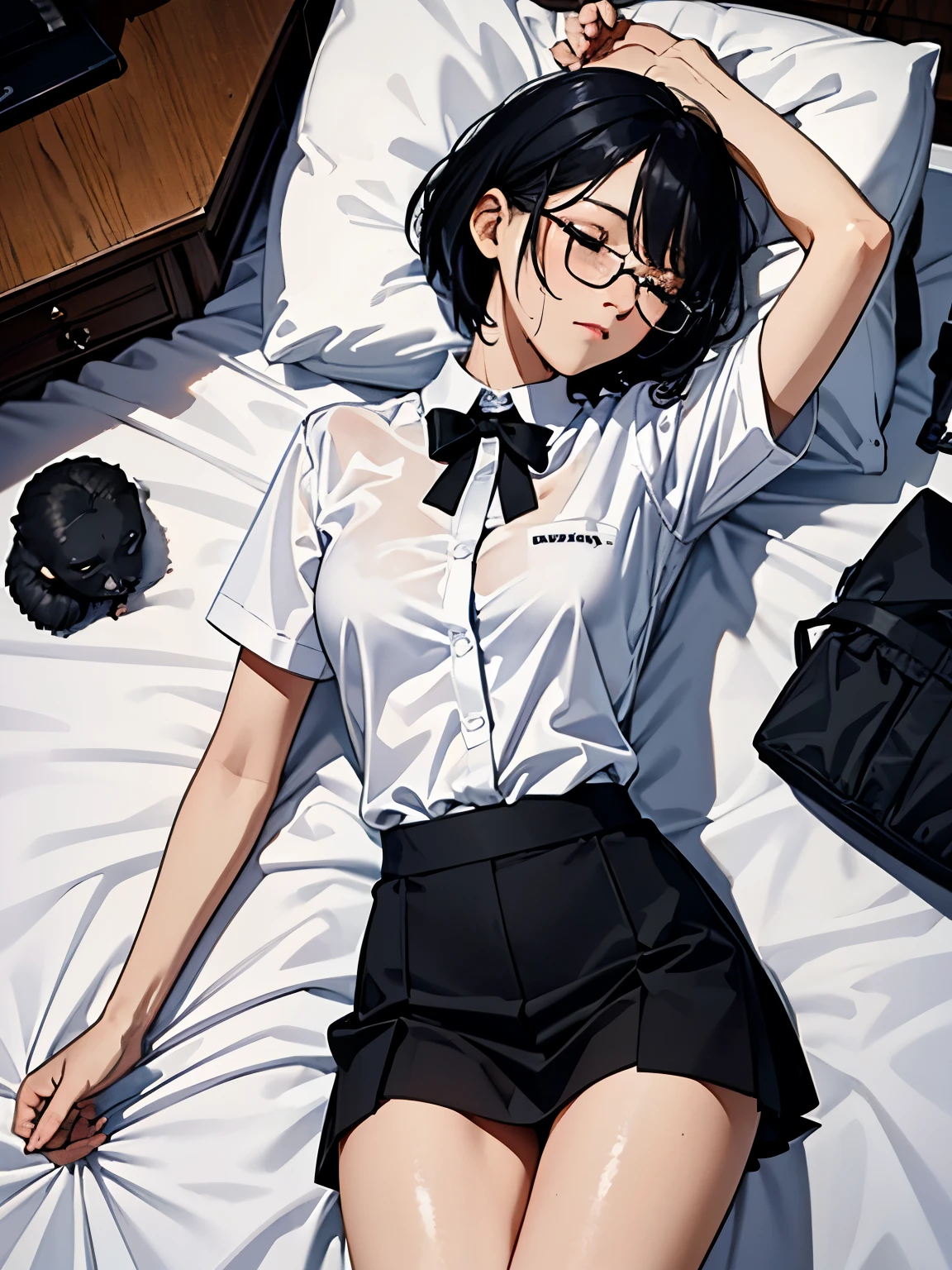 { masterpiece : best quality : detailed } { horror theme } { background = dark : creepy : messy : in a room } { Character = Seolhyun : fit body : short bob hair : wearing glasses : white collat shirt : black skirt : black tie } { sleeping : closed eyes : laid down on the dirty bed : sweating }
