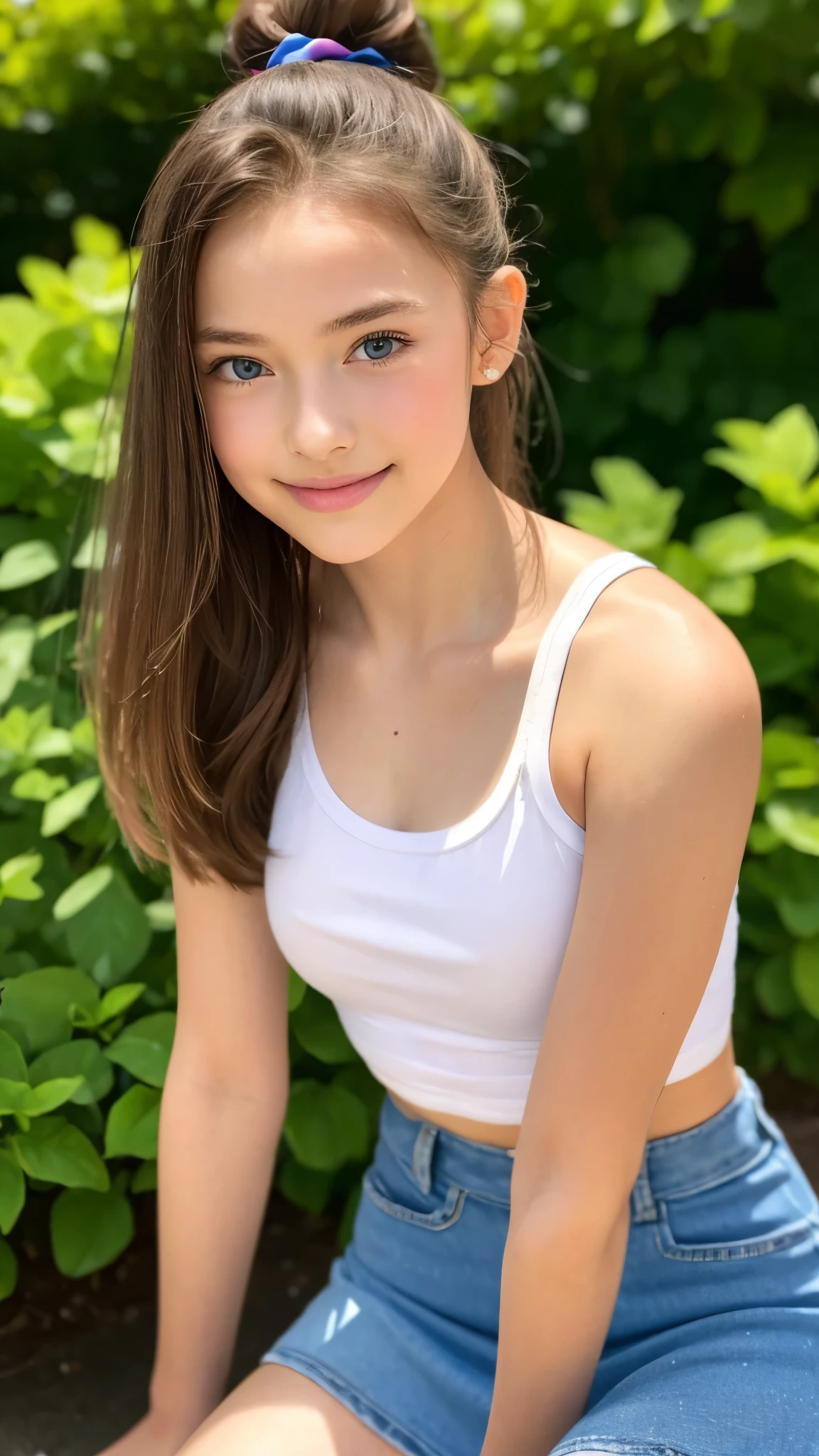 18-year-old, adorable, British girl, 15 years old, portrait ,Tank top((mini skirt))、Thighs Thighs Nose:1.1), hair scrunchie, Beautiful ponytail  , (high color saturation,catch light:1.0),  (highly detailed skin), (highest quality:1.0), (Super high resolution:1.0) ,(photo-realistic:1.0), (super detailed:1.0), (8K, RAW photo:1.1),( smile:0.8),looking at the viewer
